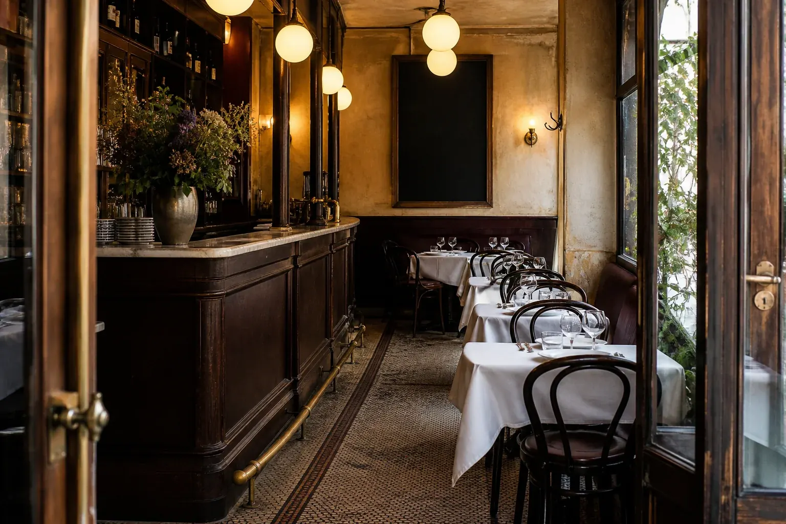 Editorial illustration of a warm Paris bistro dining room