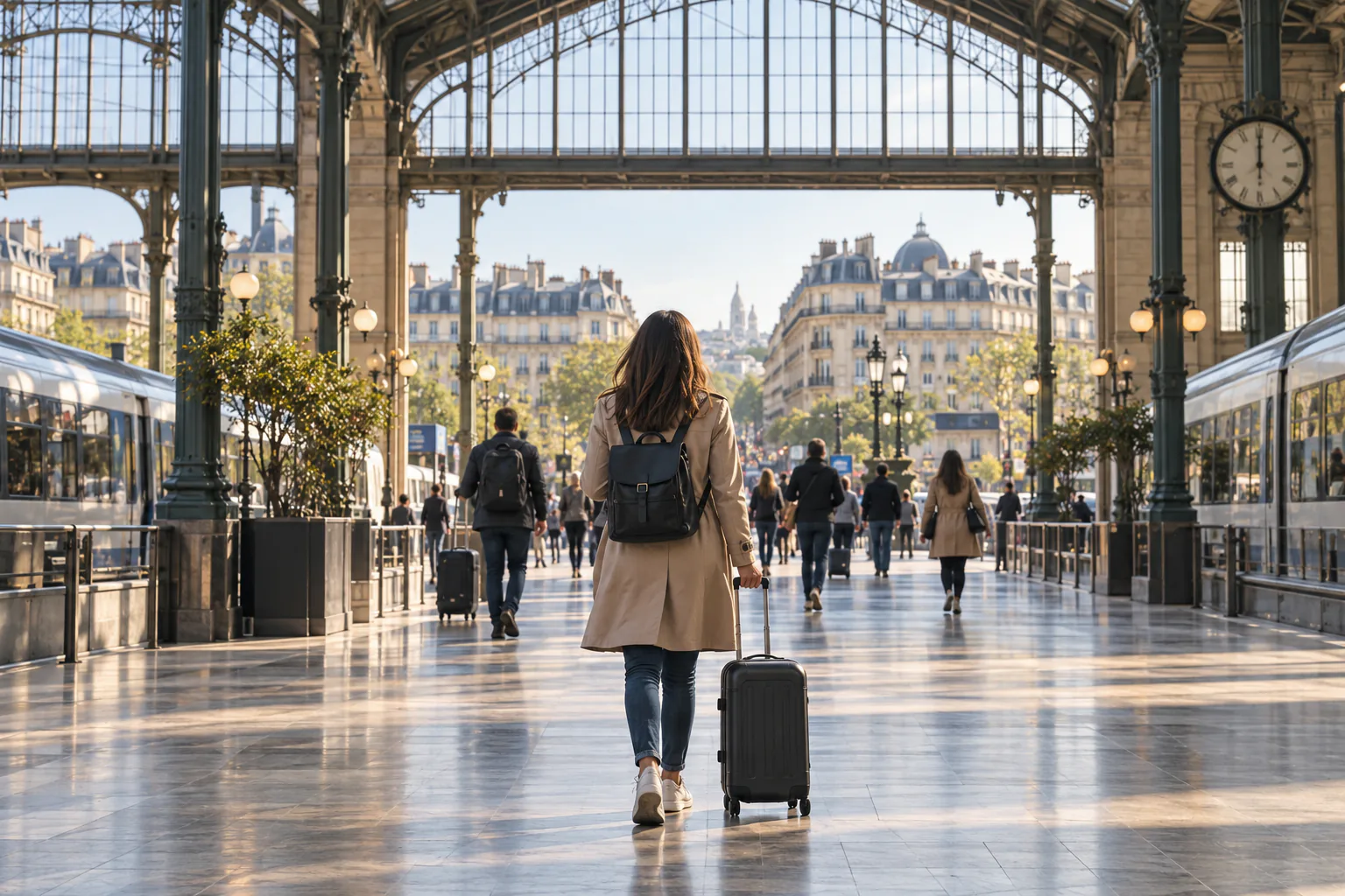 Illustration éditoriale : Voyageuse avec une valise dans le hall d'une grande gare parisienne