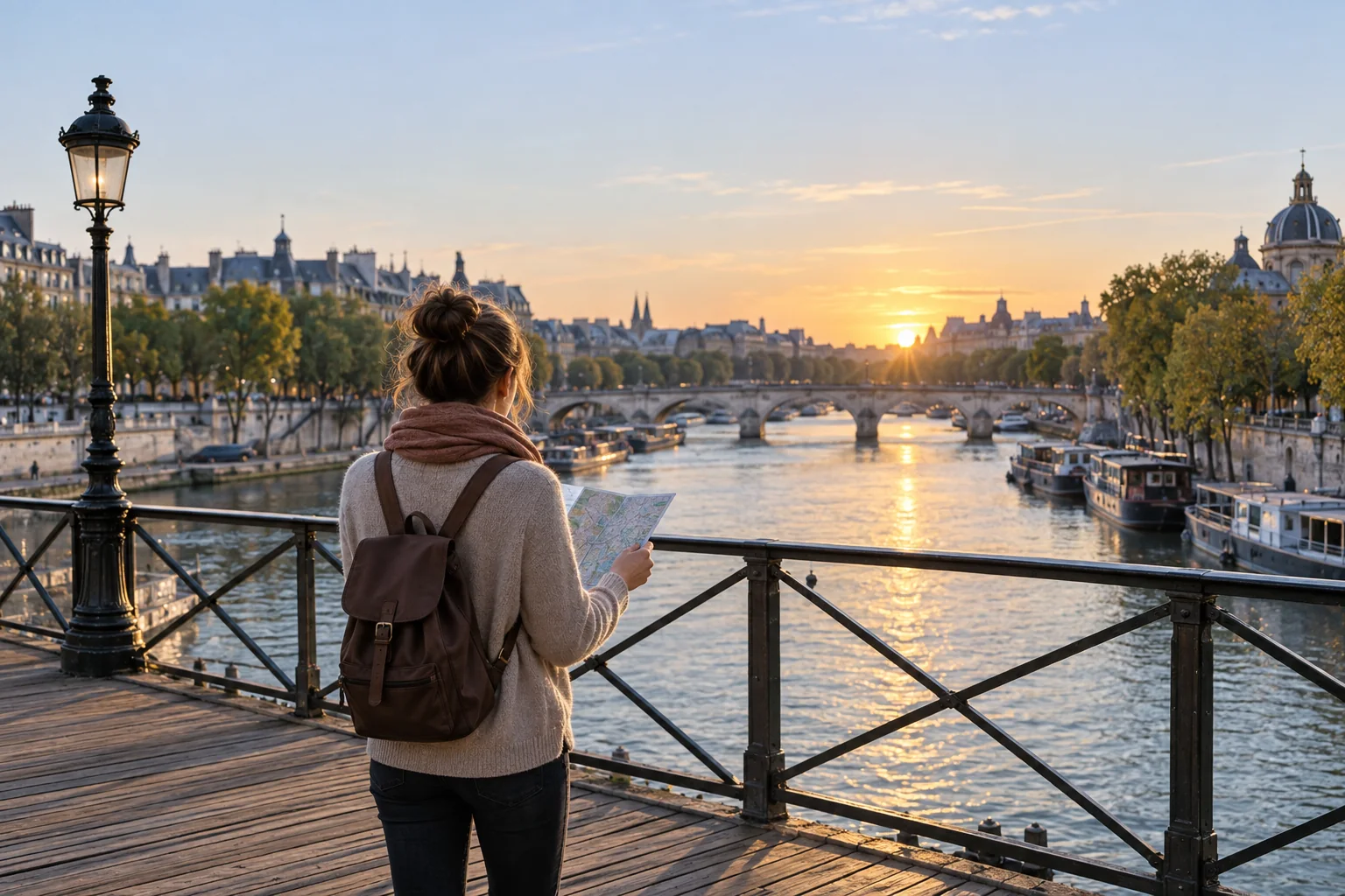 Illustration éditoriale : Voyageuse préparant une journée à Paris face à la Seine au lever du soleil
