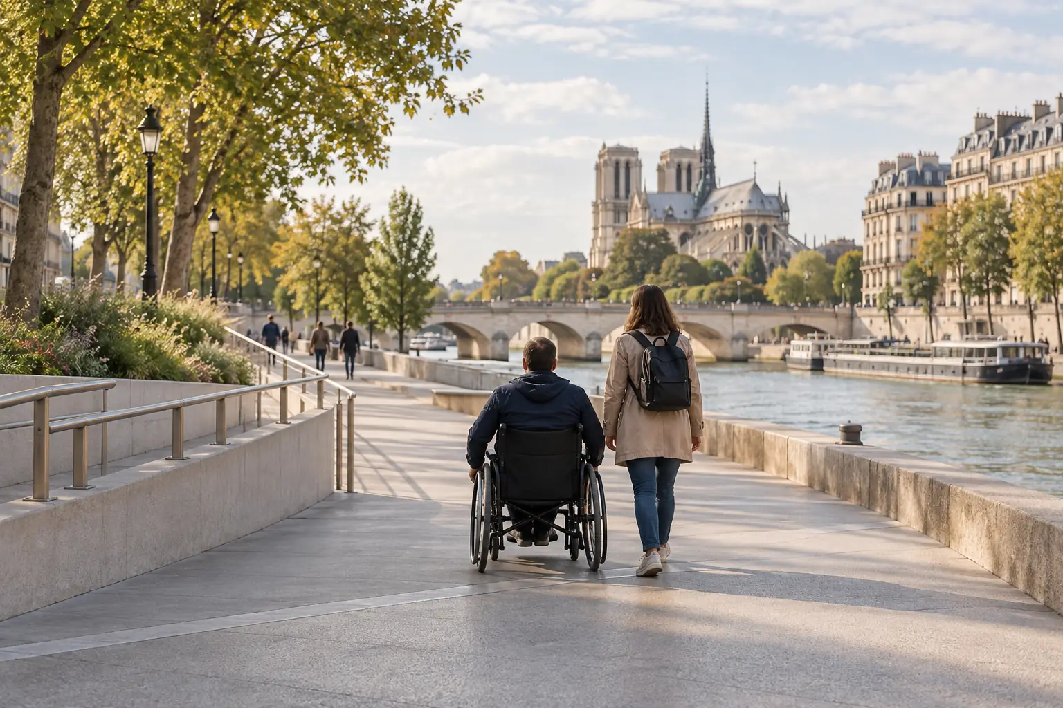 Illustration éditoriale : Voyageur en fauteuil roulant et accompagnante sur une promenade large au bord de la Seine