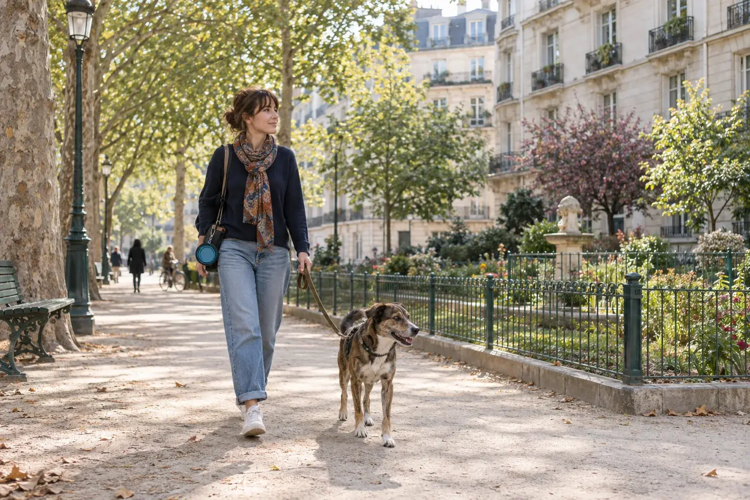 Illustration éditoriale : Promenade avec un chien tenu en laisse dans un jardin de quartier parisien