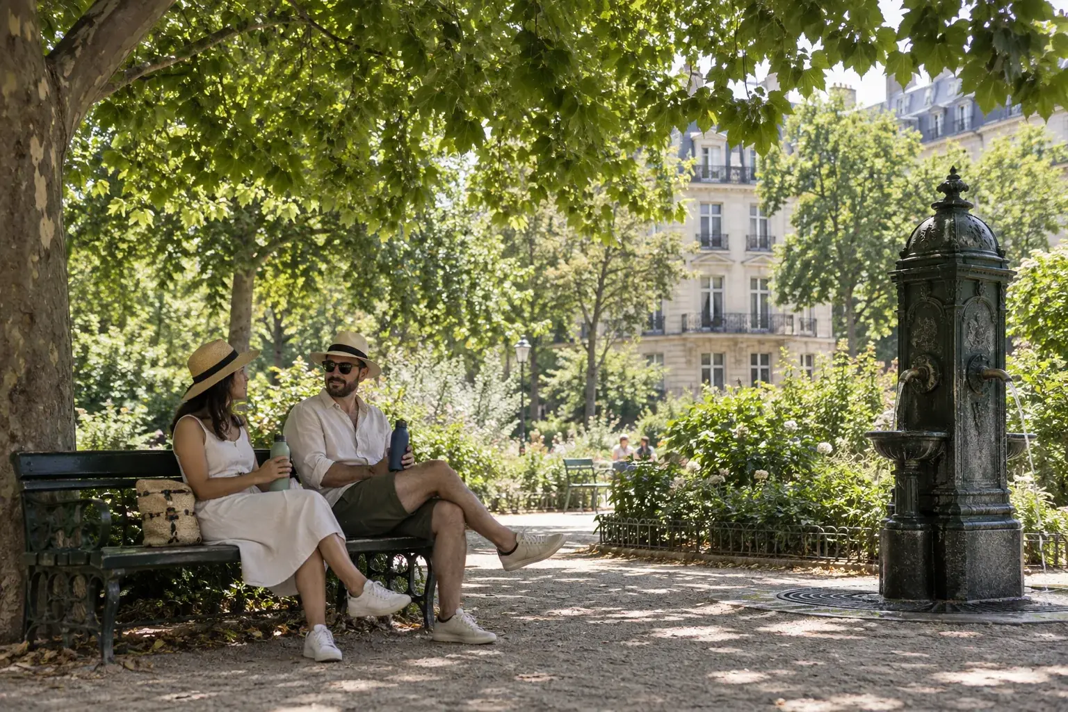 Illustration éditoriale : Visiteurs faisant une pause à l'ombre près d'une fontaine dans un jardin parisien