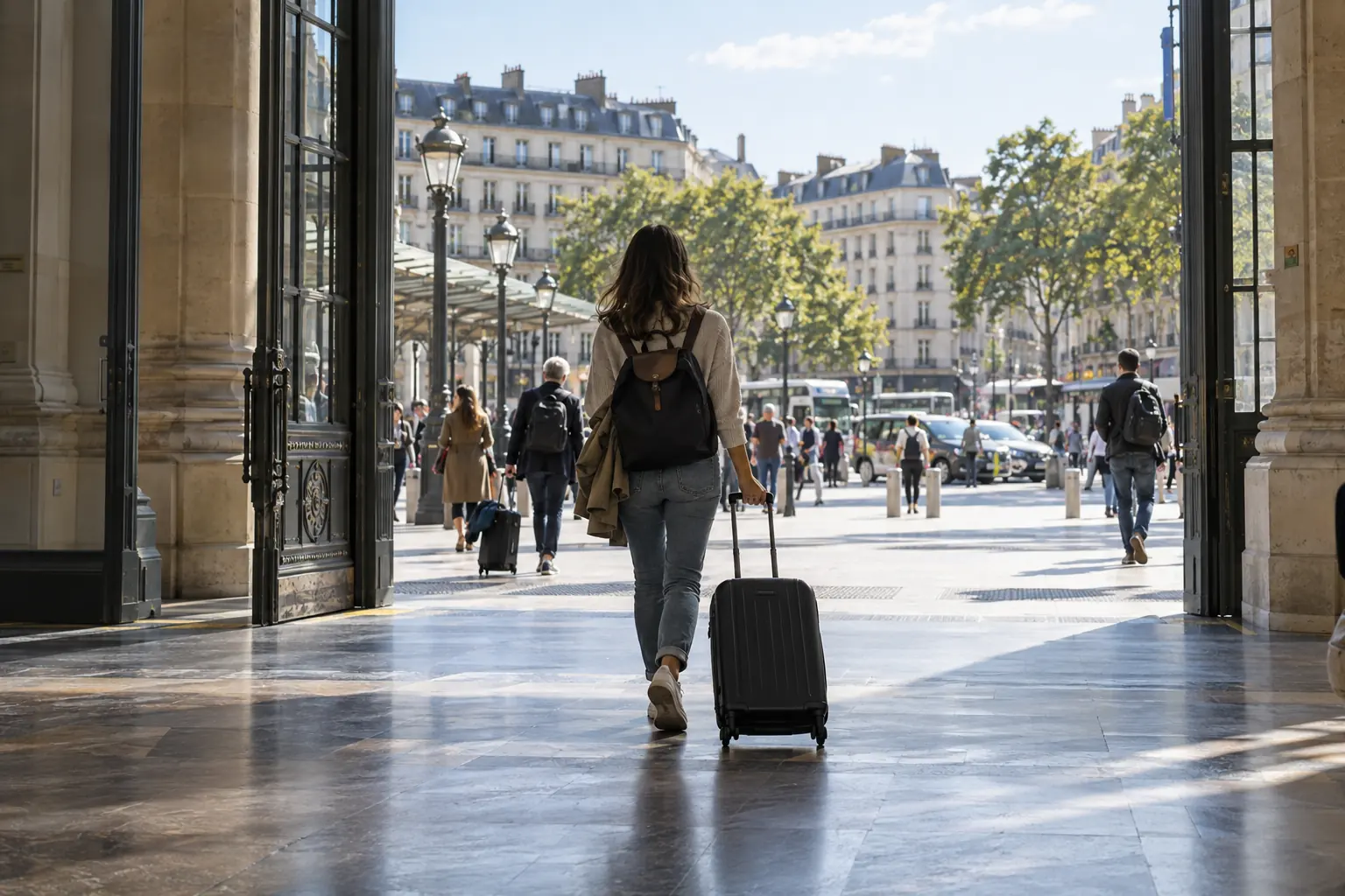Illustration éditoriale : Voyageuse avec une valise à la sortie d’une gare parisienne