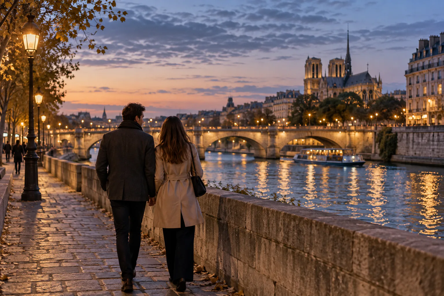 Illustration éditoriale : Couple marchant au bord de la Seine à la tombée du jour