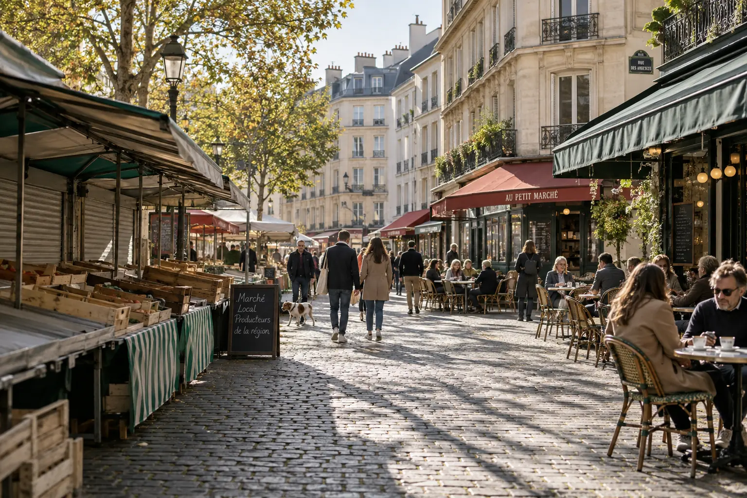 Illustration éditoriale : Promenade dominicale près des terrasses et des étals à Paris