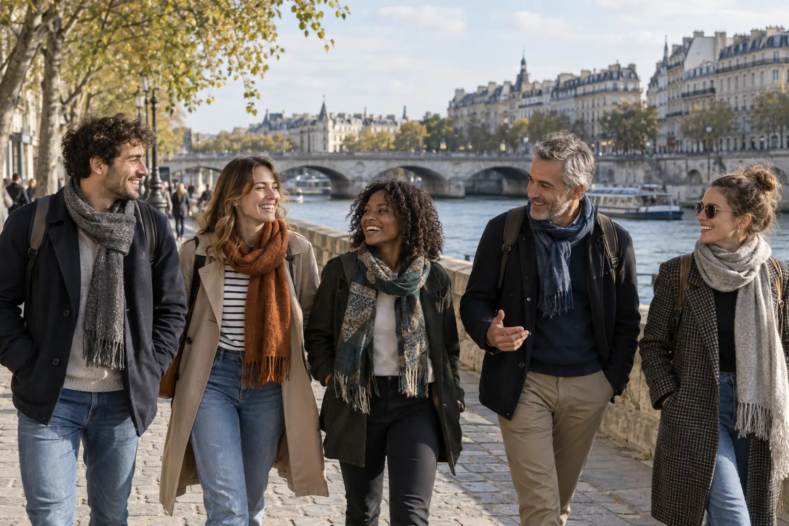 Illustration éditoriale : Groupe d’amis marchant ensemble sur les quais de Seine