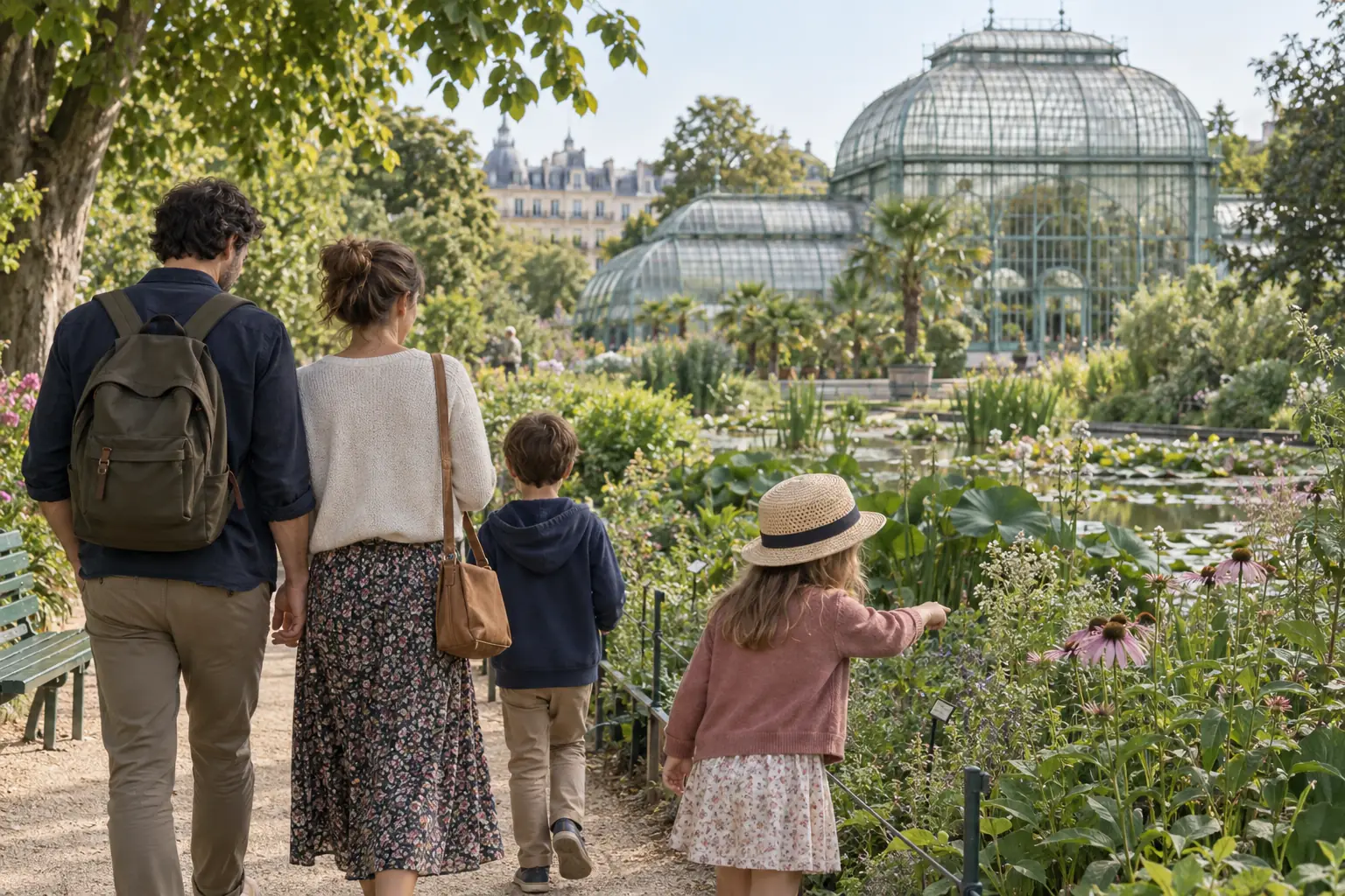 Illustration éditoriale : Famille observant les plantes et les serres d'un jardin botanique parisien