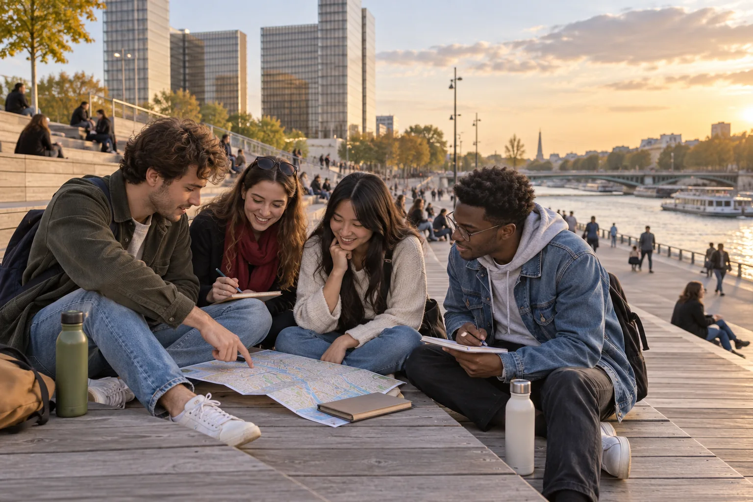 Illustration éditoriale : Étudiants préparant leurs déplacements sur les quais près de la Bibliothèque François-Mitterrand