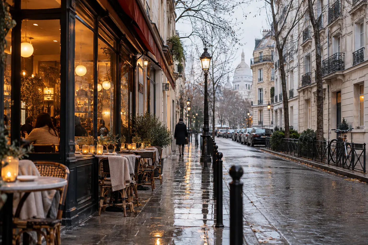 Illustration éditoriale : Rue parisienne humide en hiver près d'un café éclairé
