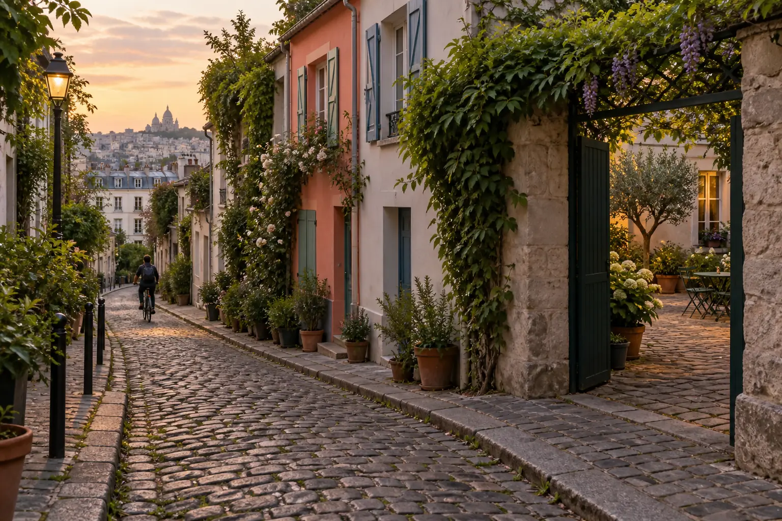 Illustration éditoriale : Ruelle pavée et végétalisée de Paris avec petites maisons et cycliste au loin