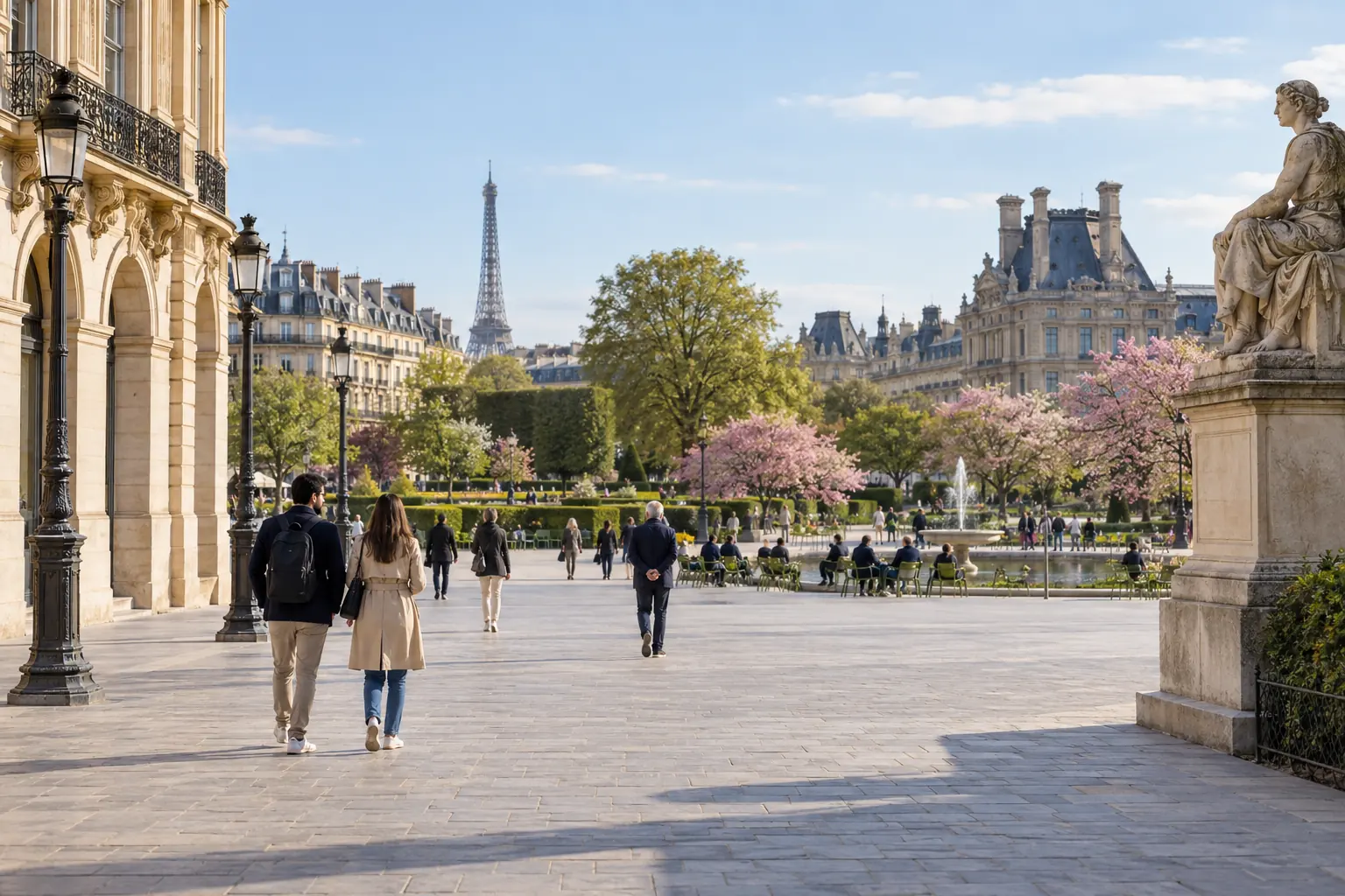 Illustration éditoriale : Promenade dans un jardin parisien lors d’une journée calme
