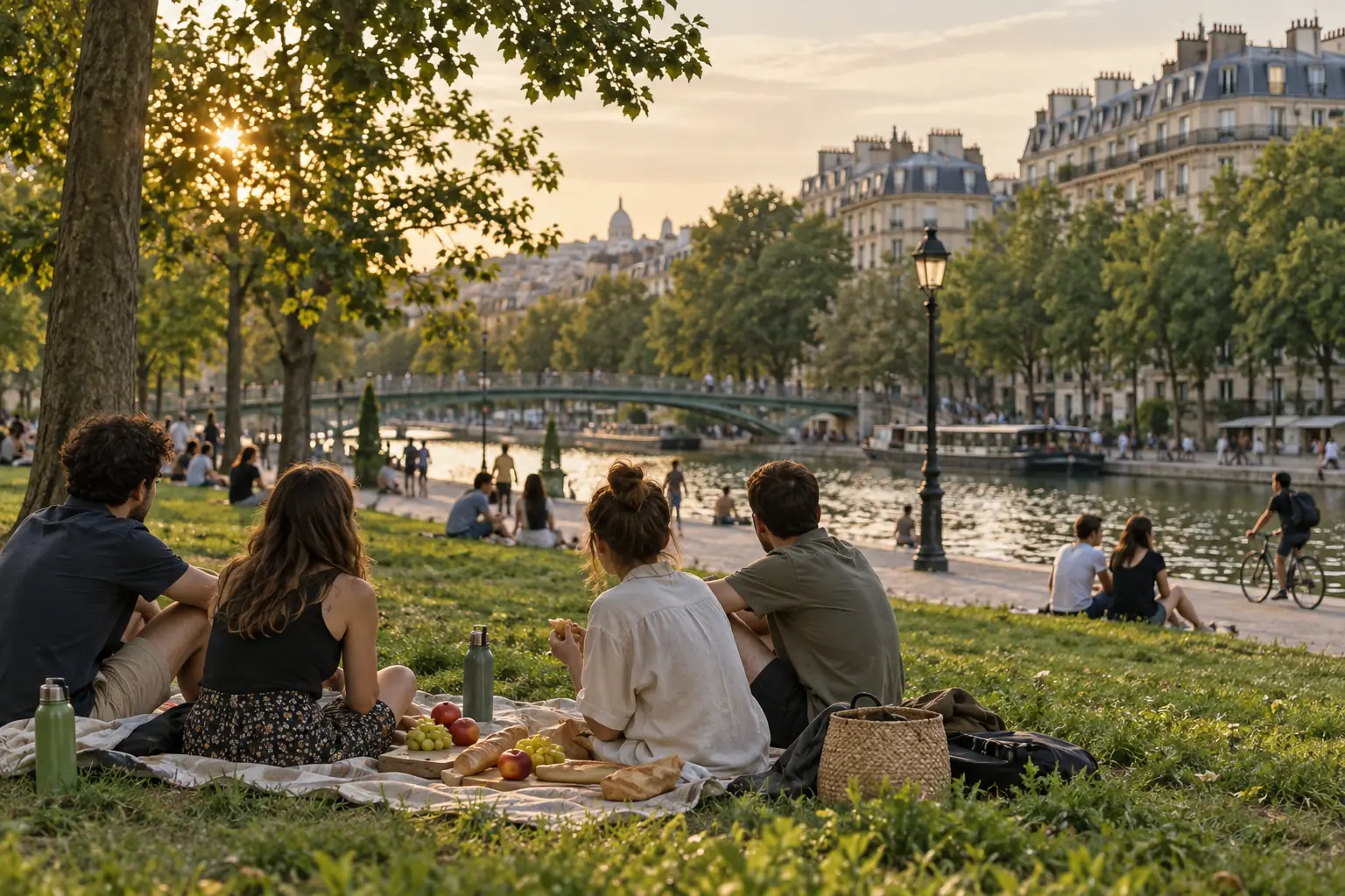 Illustration éditoriale : Amis partageant un pique-nique près d'un canal parisien au soleil couchant