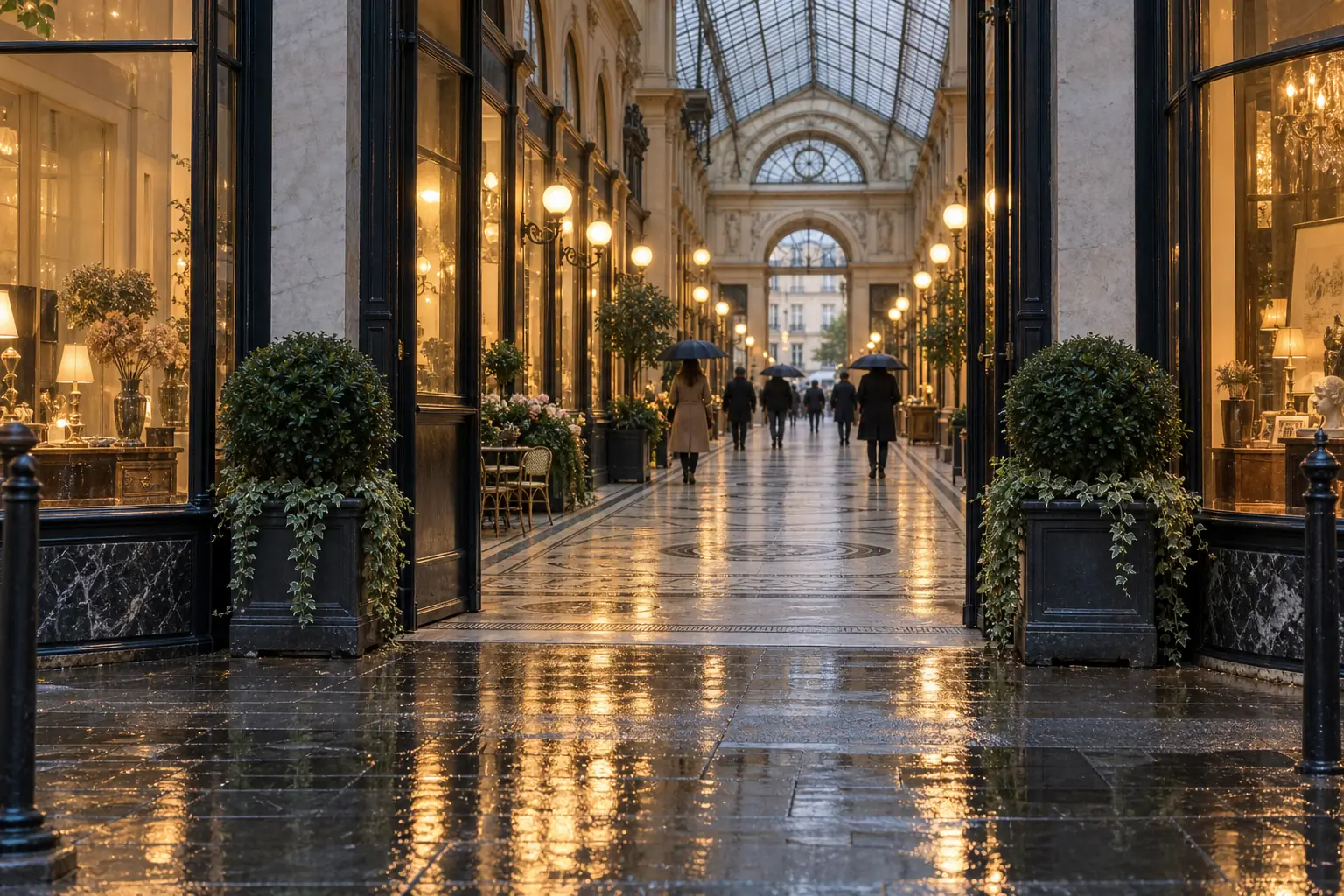 Illustration éditoriale : Passage couvert parisien éclairé dont l'entrée reflète une journée de pluie