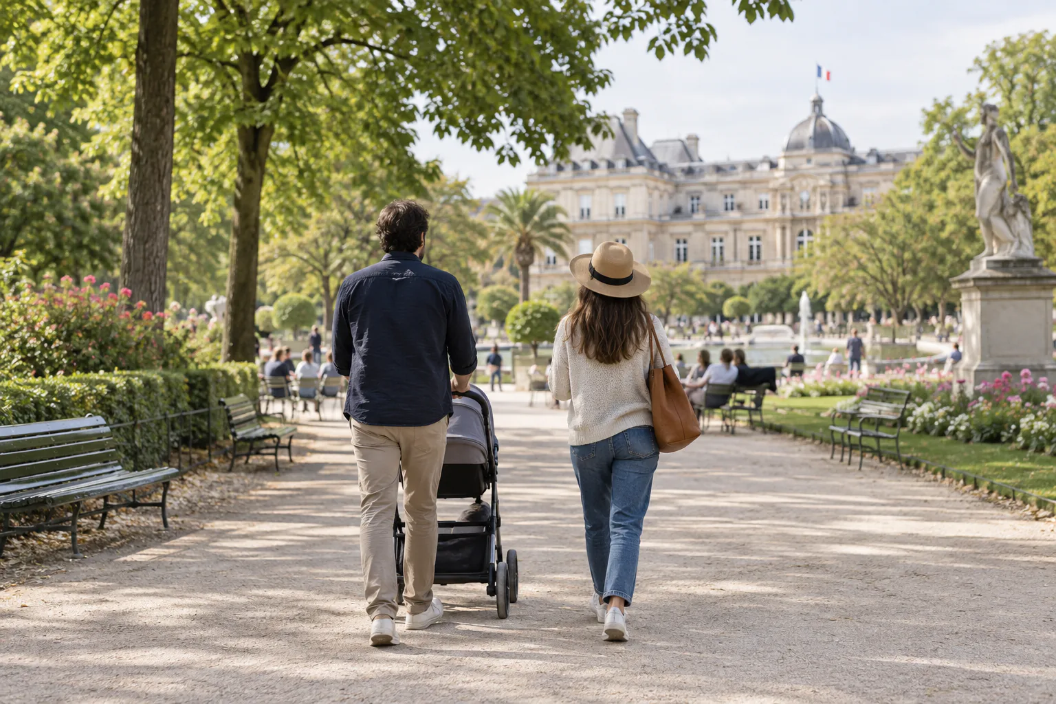 Illustration éditoriale : Deux adultes marchant avec une poussette dans un jardin parisien