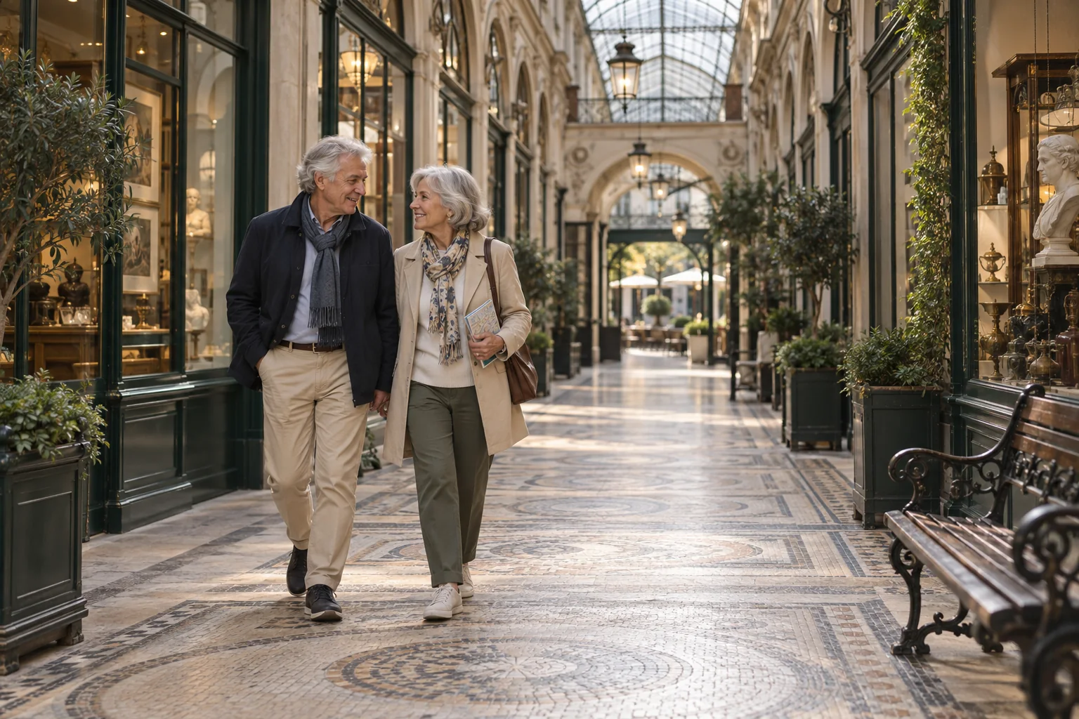 Illustration éditoriale : Couple de visiteurs seniors parcourant tranquillement un passage parisien
