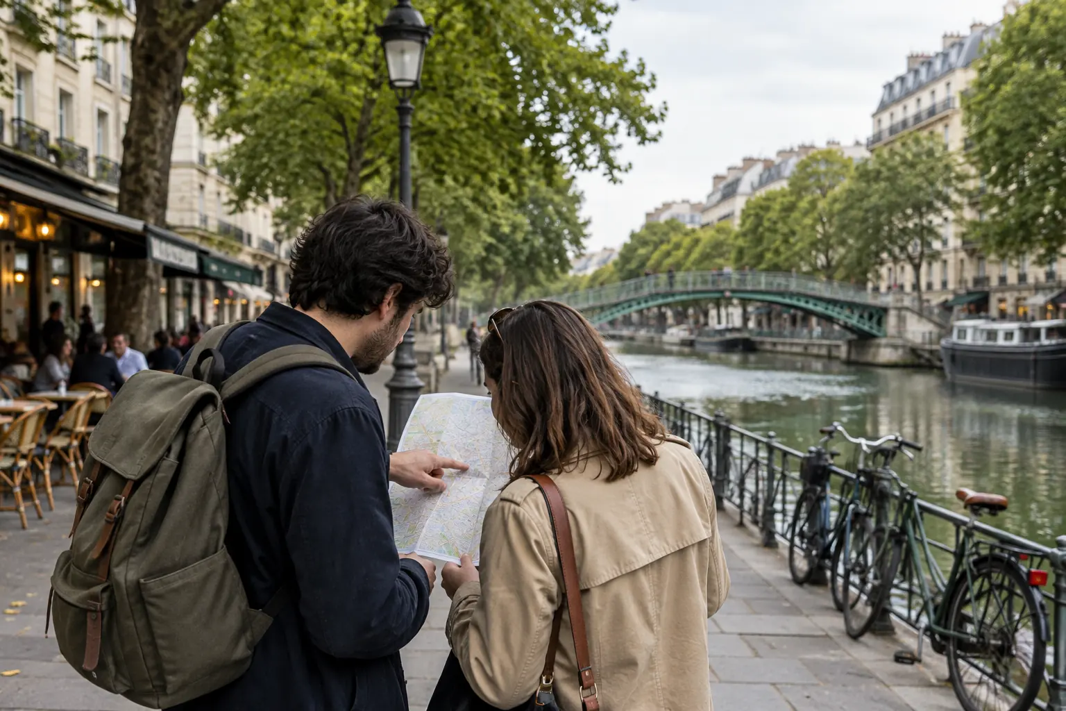 Illustration éditoriale : Deux visiteurs consultant un plan au bord d’un canal parisien