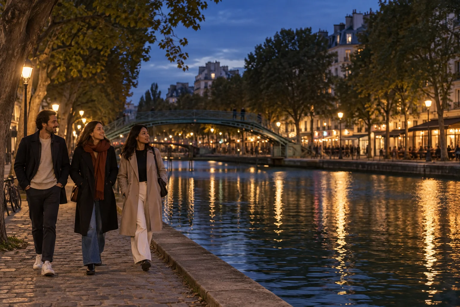 Illustration éditoriale : Amis marchant au bord du canal Saint-Martin à la tombée du jour