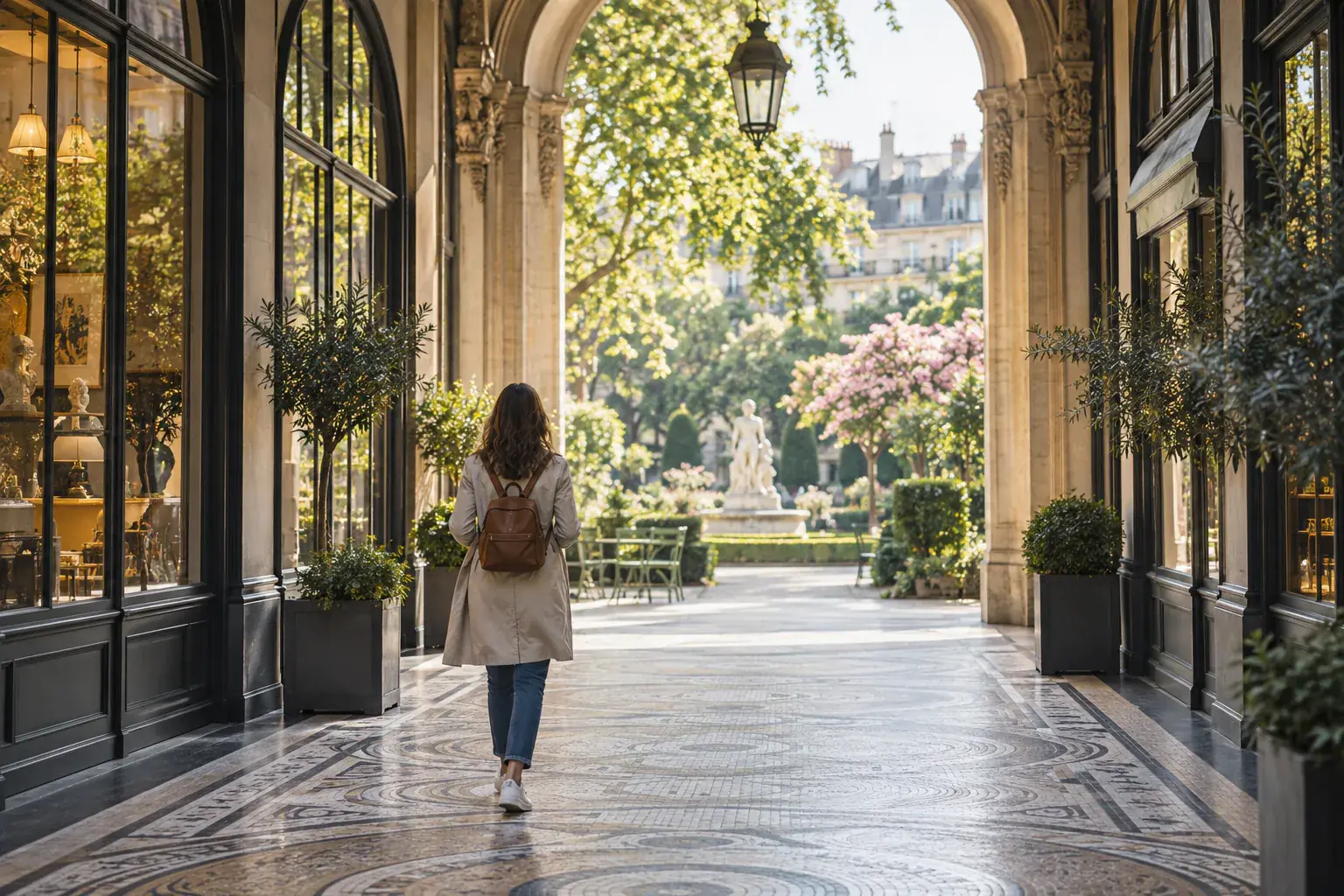 Illustration éditoriale : Voyageuse seule sous une arcade donnant sur un jardin parisien