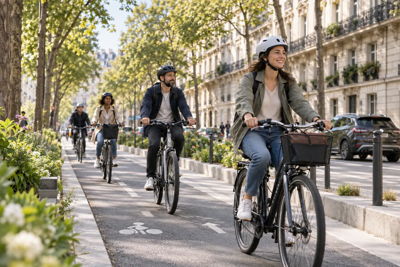 Illustration éditoriale : Cyclistes sur une piste protégée dans une rue parisienne arborée