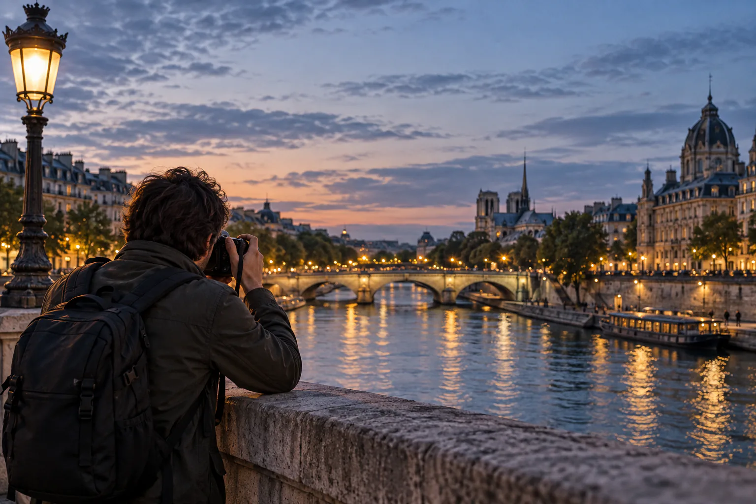 Illustration éditoriale : Photographe cadrant les quais de Seine à l'heure bleue