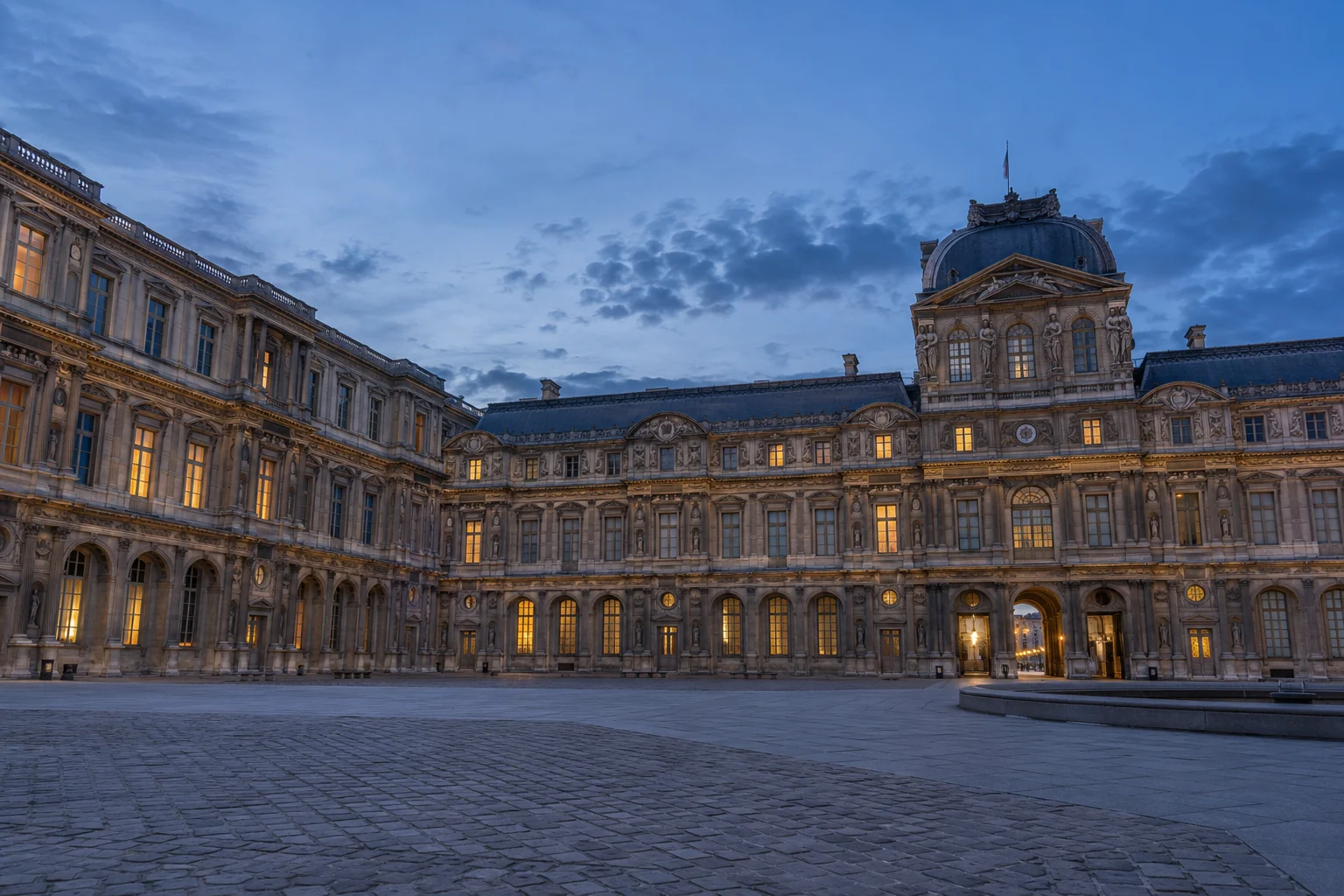 Illustration éditoriale : cour Carrée du Louvre à la tombée du jour