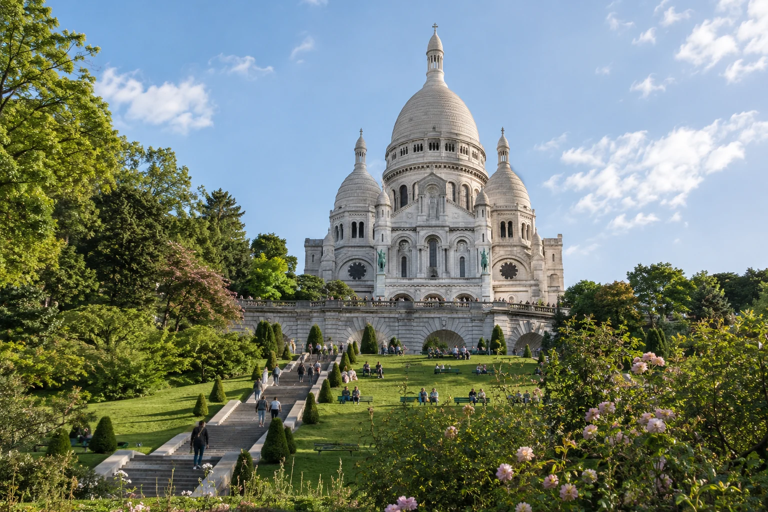 Illustration éditoriale : basilique du Sacré-Cœur et jardins de Montmartre