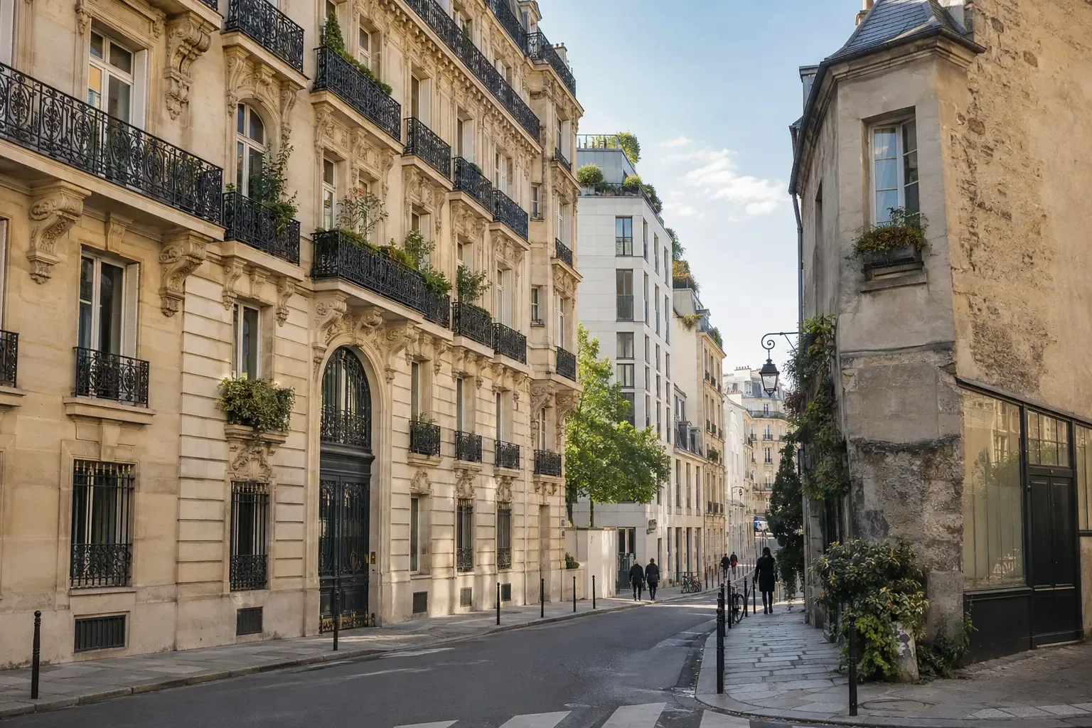 Façades de pierre de différentes époques le long d’une rue parisienne