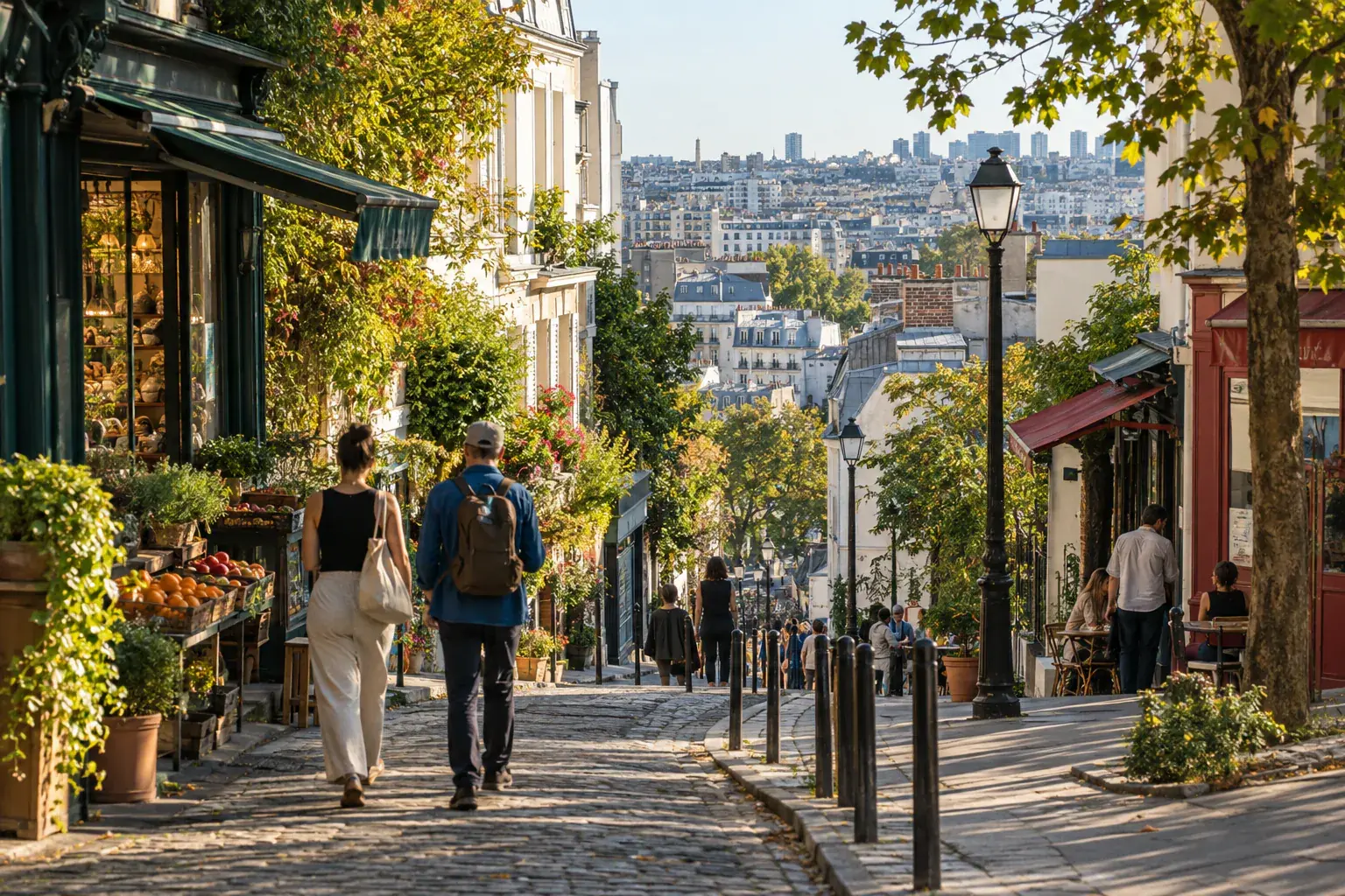 Rue en pente et panorama de Belleville dans l’est parisien