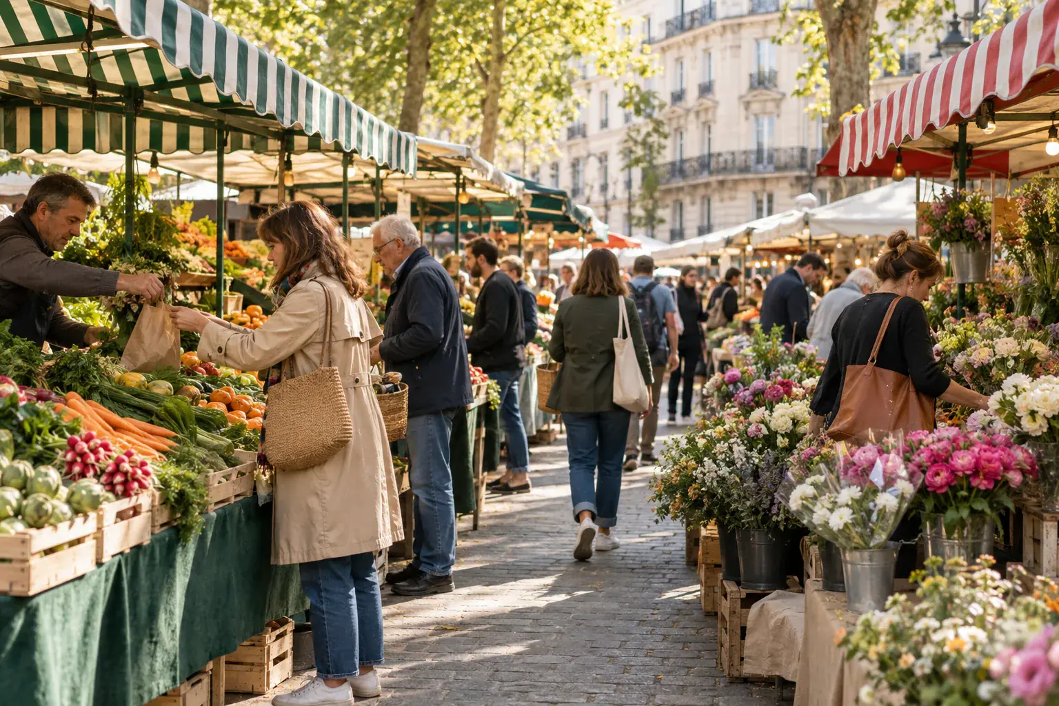 Étals de fruits, de légumes et de fleurs dans un marché parisien