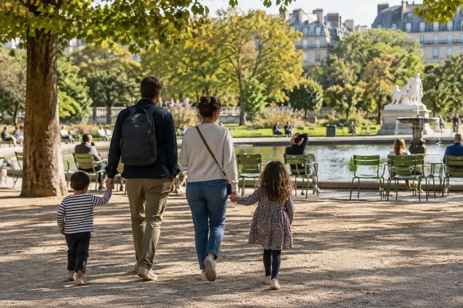 Famille marchant dans un jardin parisien près d’un bassin