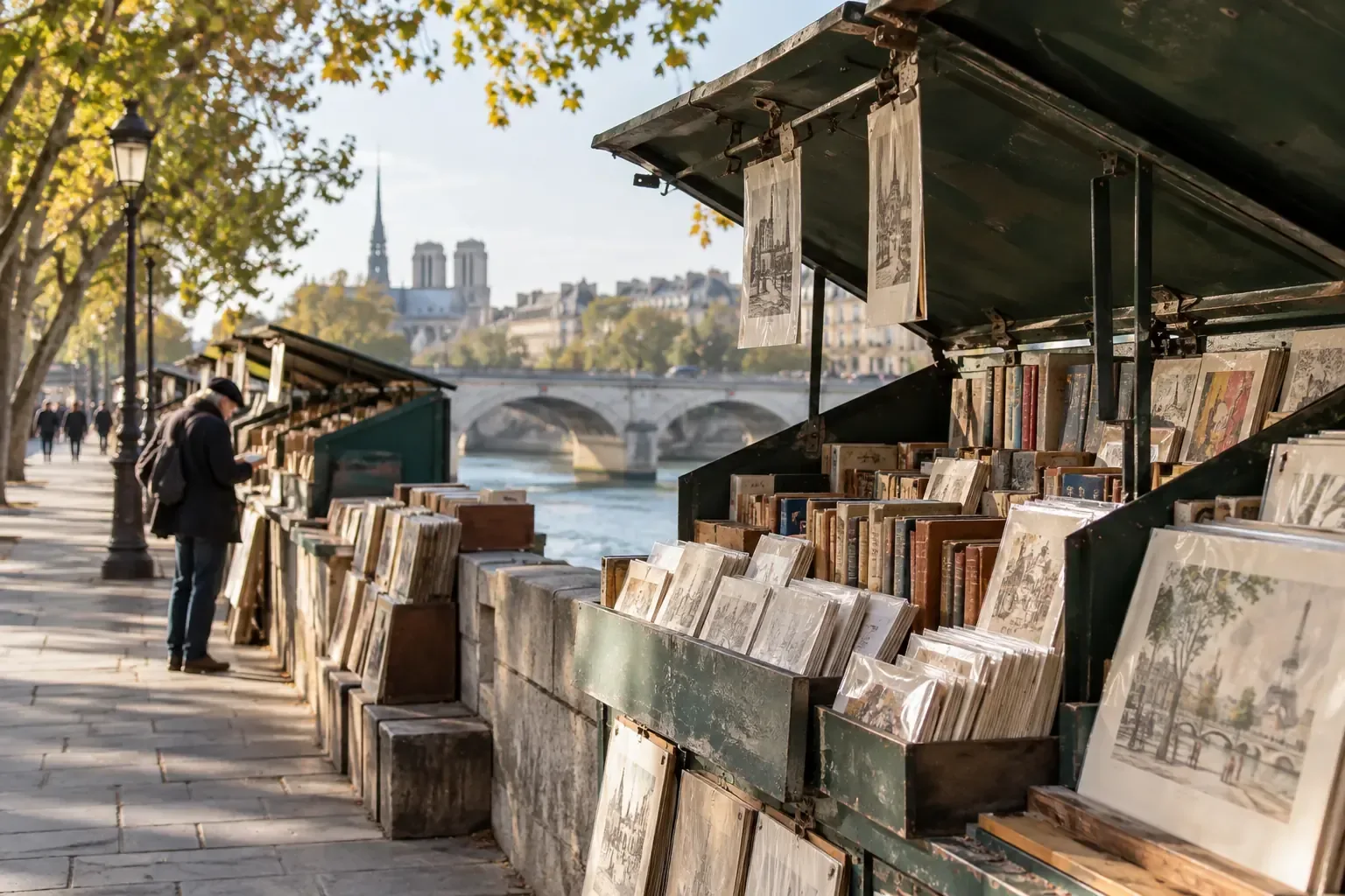 Bouquinistes et livres d’occasion sur un quai de Seine