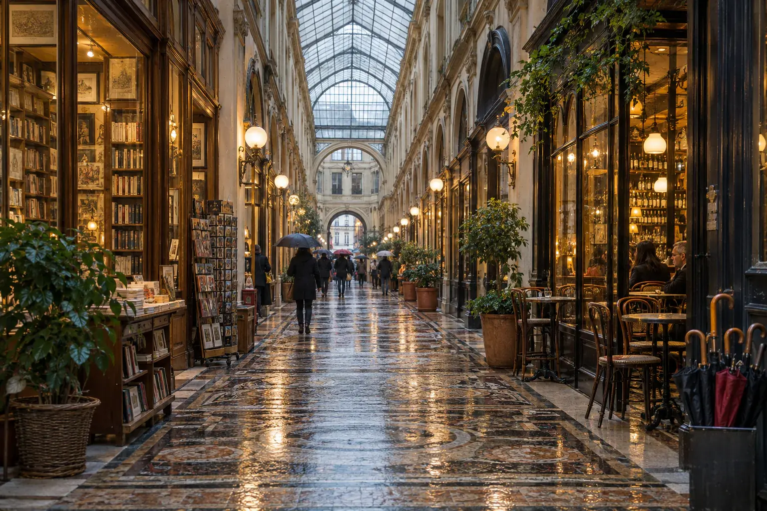 Passage couvert parisien sous une verrière un jour de pluie