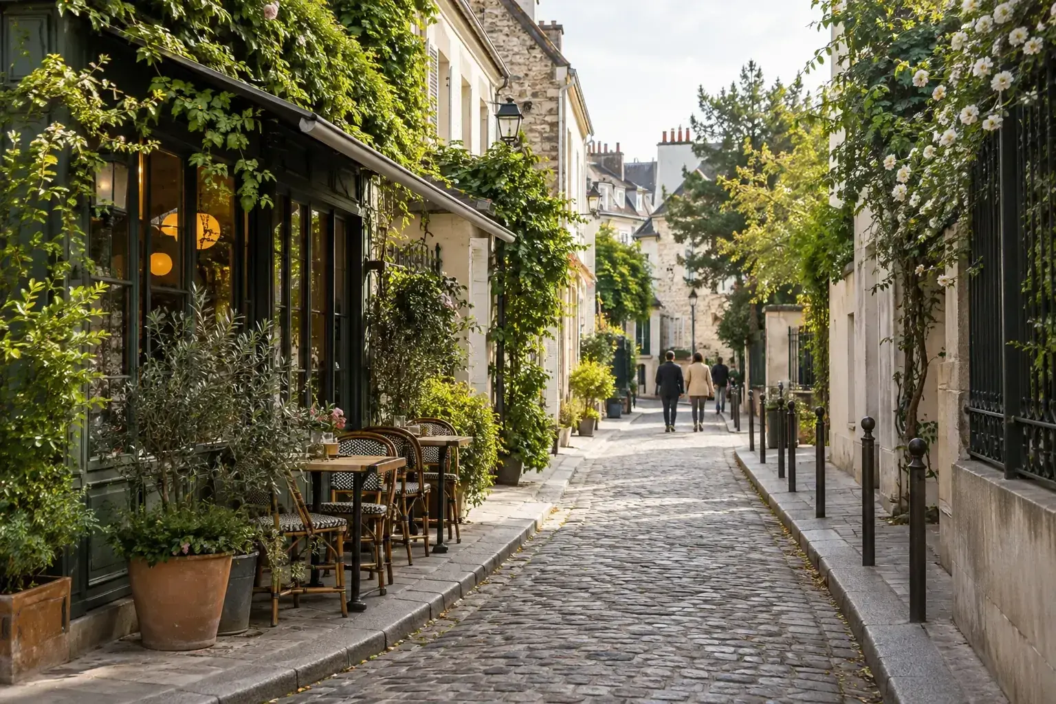 Ruelle pavée et végétalisée évoquant un quartier villageois de Paris