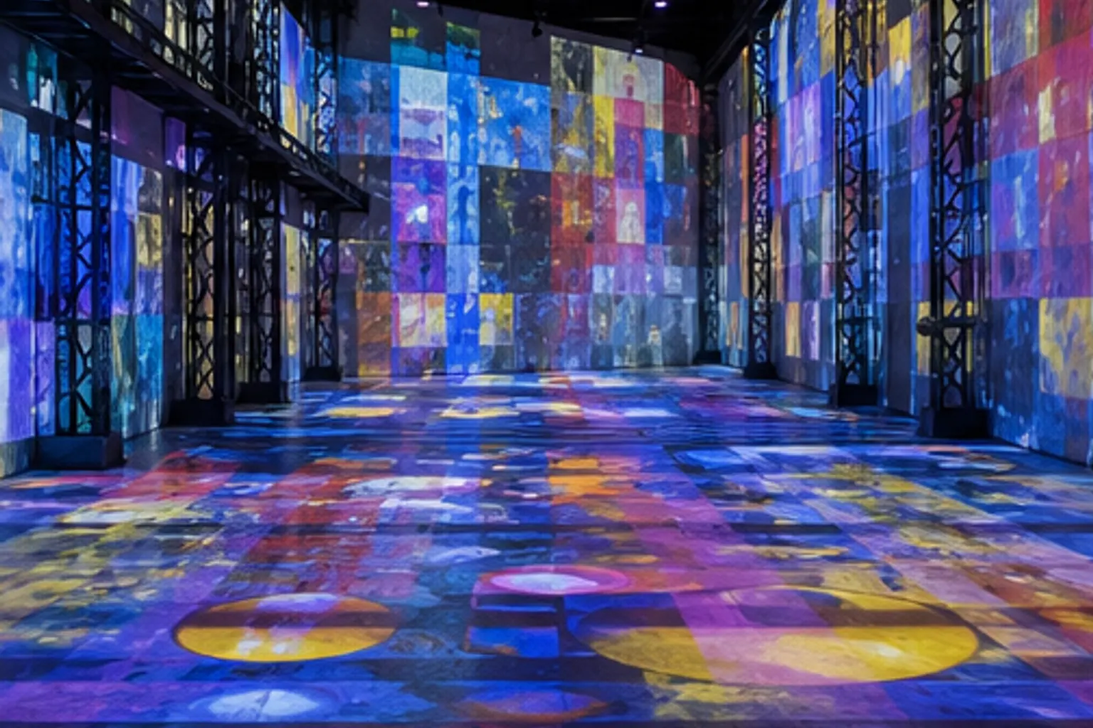 Illustration éditoriale : Projection colorée dans la grande salle de l’Atelier des Lumières
