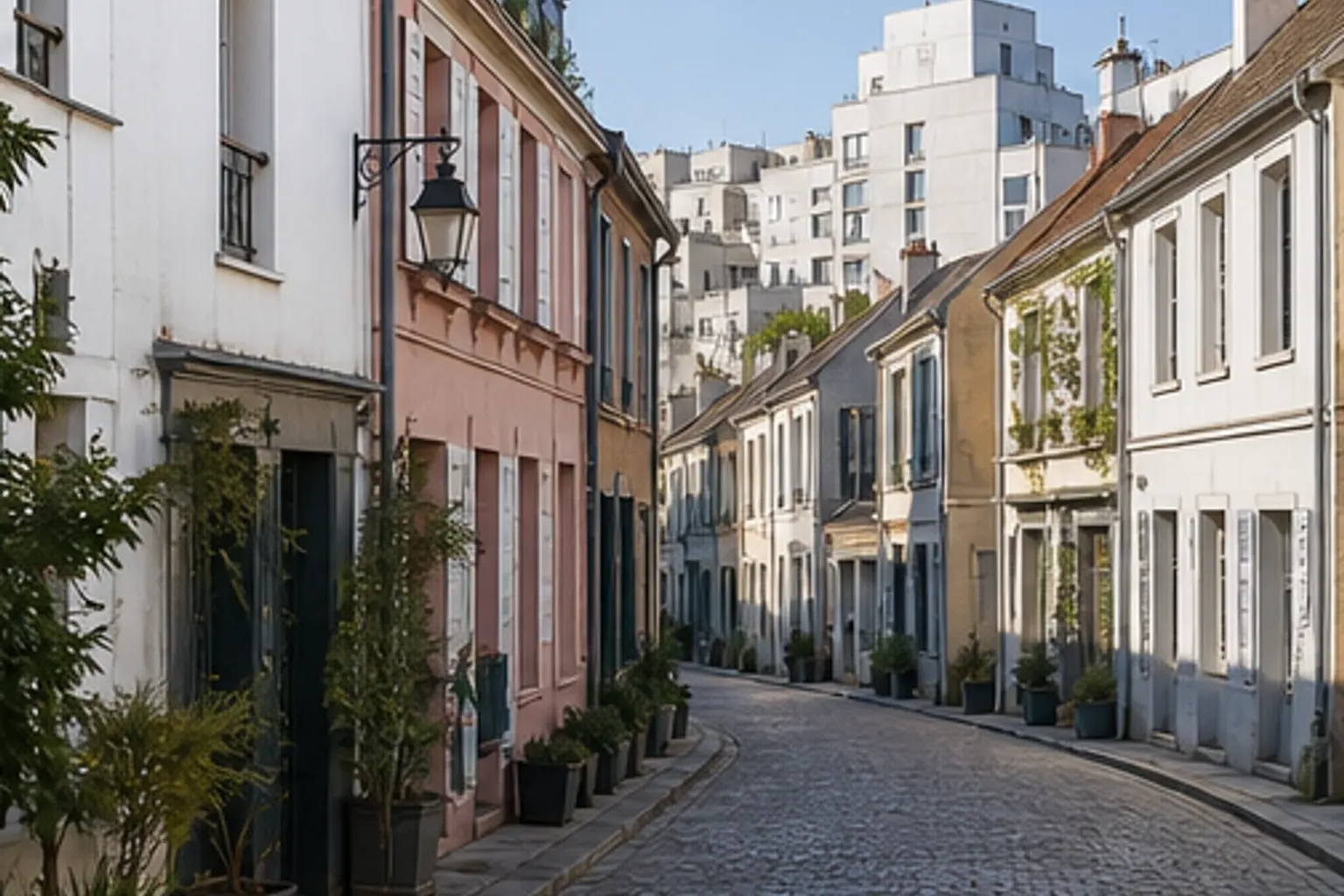 Illustration éditoriale : Rue calme et maisons basses de la Butte-aux-Cailles