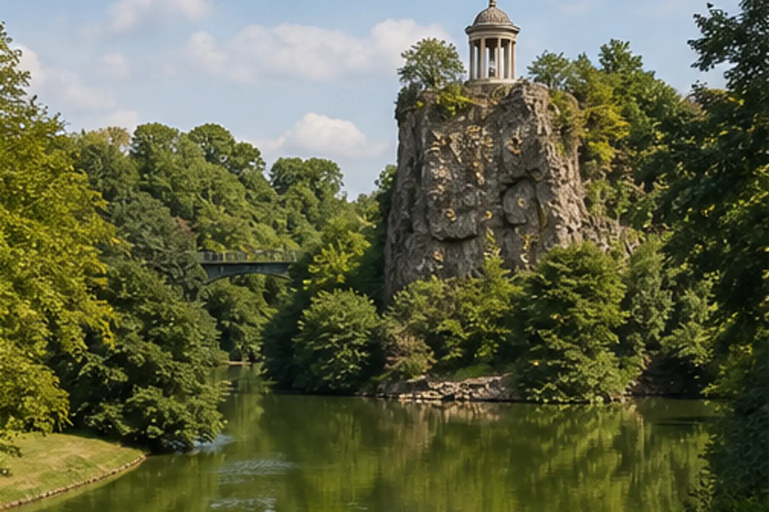 Illustration éditoriale : Allées, arbres et belvédère du parc des Buttes-Chaumont