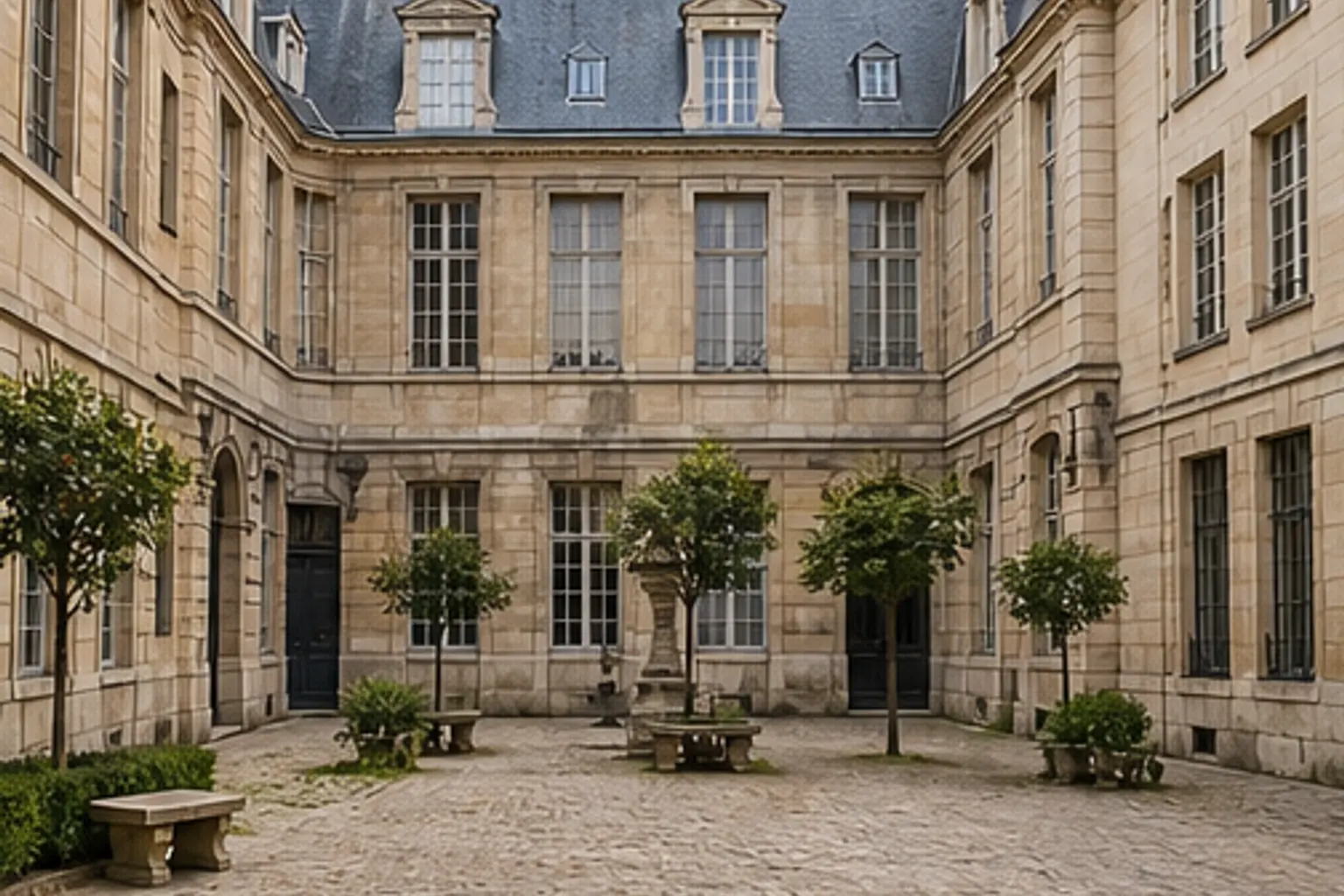Illustration éditoriale : Cour du musée Carnavalet entourée de façades historiques