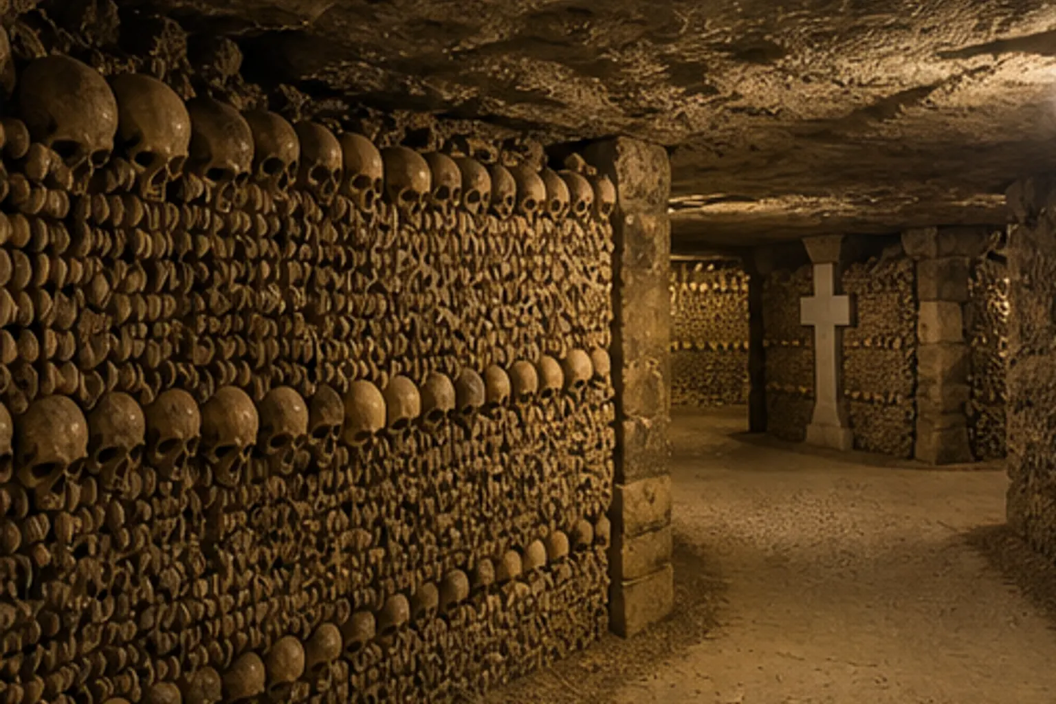 Illustration éditoriale : Galerie souterraine bordée d’ossements dans les Catacombes