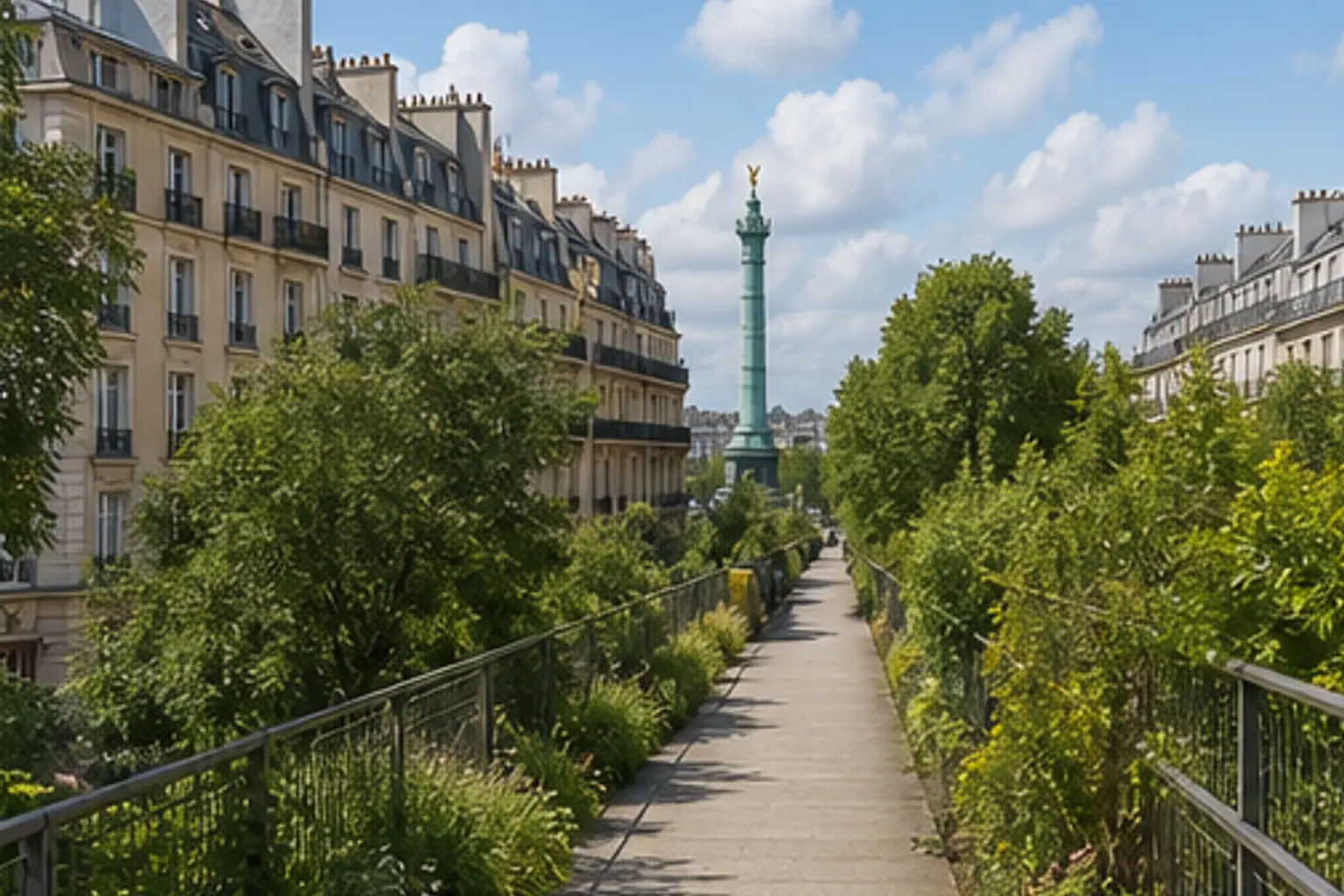 Illustration éditoriale : Chemin planté de la Coulée verte au-dessus des rues parisiennes