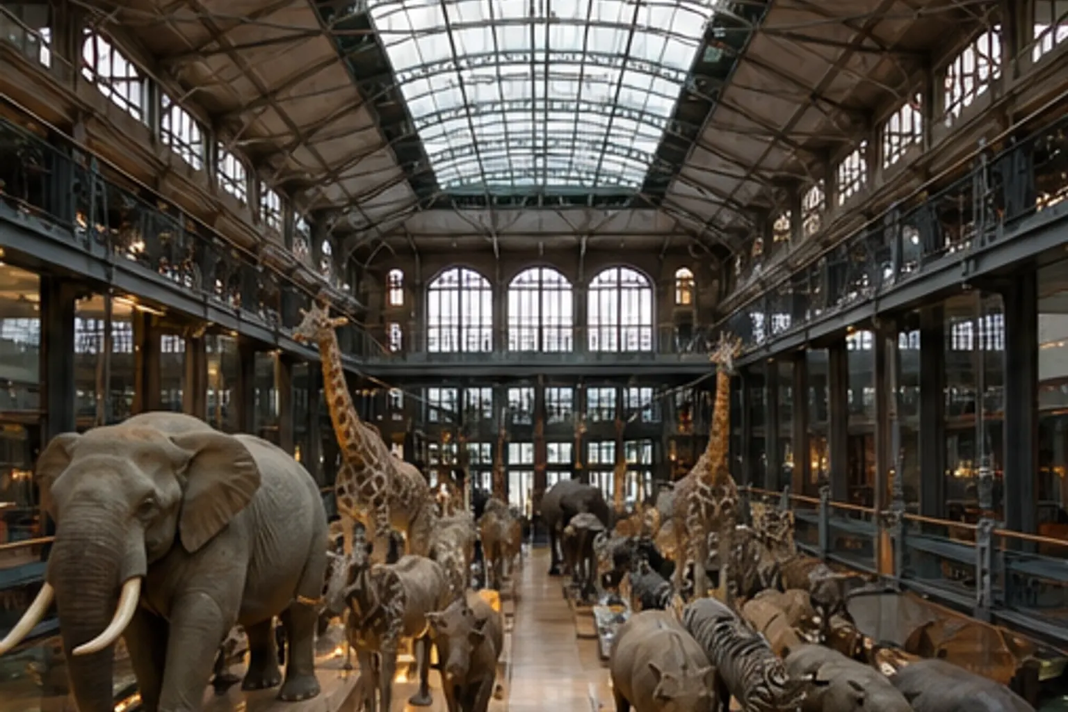 Illustration éditoriale : Squelettes et verrière de la Grande Galerie de l’Évolution