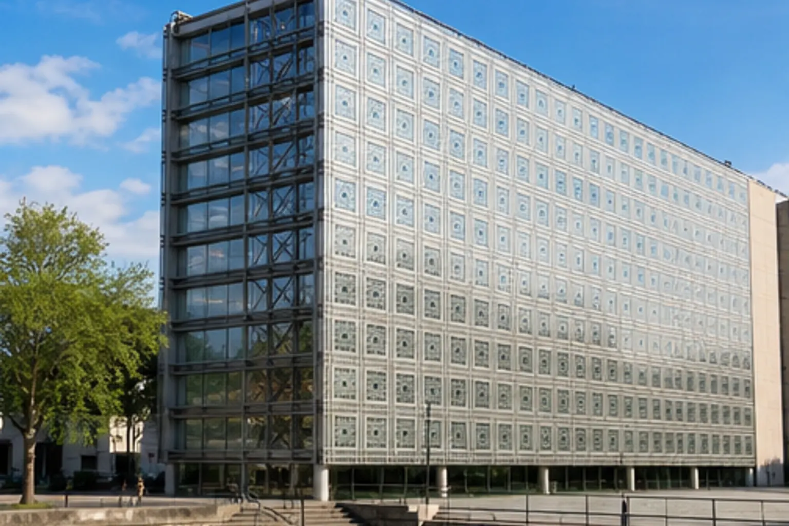Illustration éditoriale : Façade contemporaine de l’Institut du monde arabe
