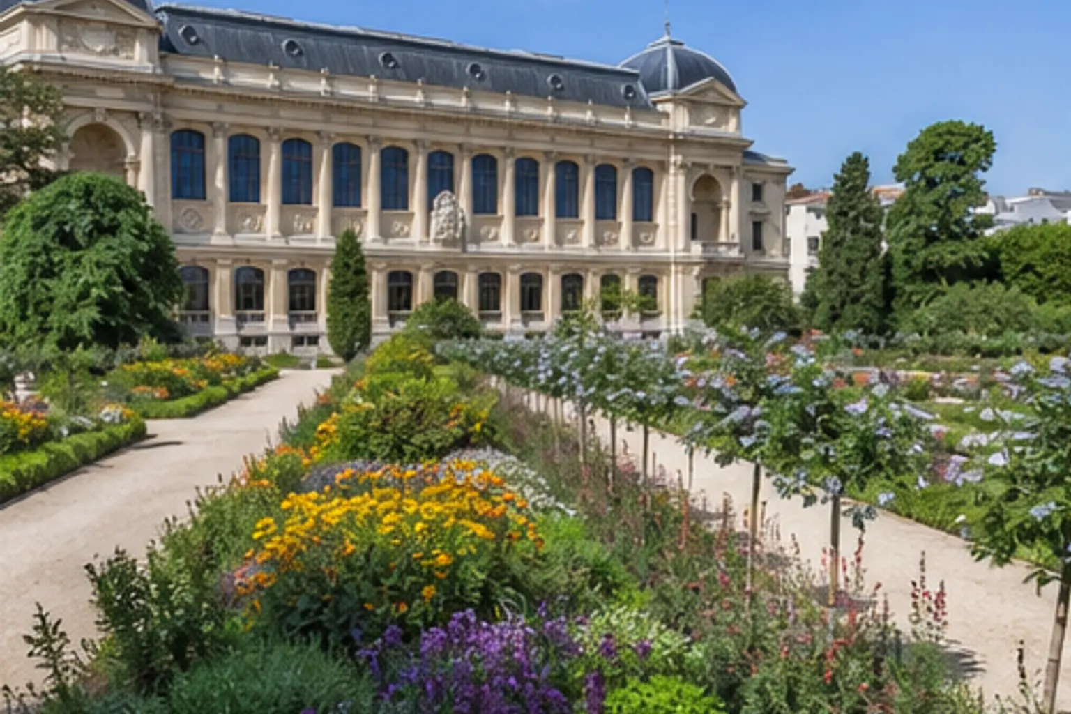 Illustration éditoriale : Allées fleuries et bâtiment du Jardin des Plantes