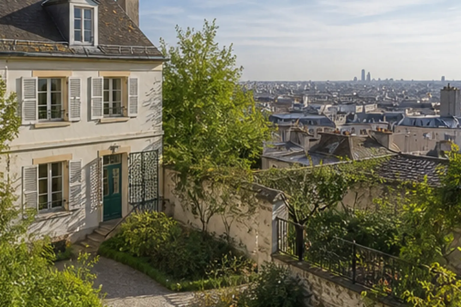 Illustration éditoriale : Maison et jardin dominant les toits autour de Passy