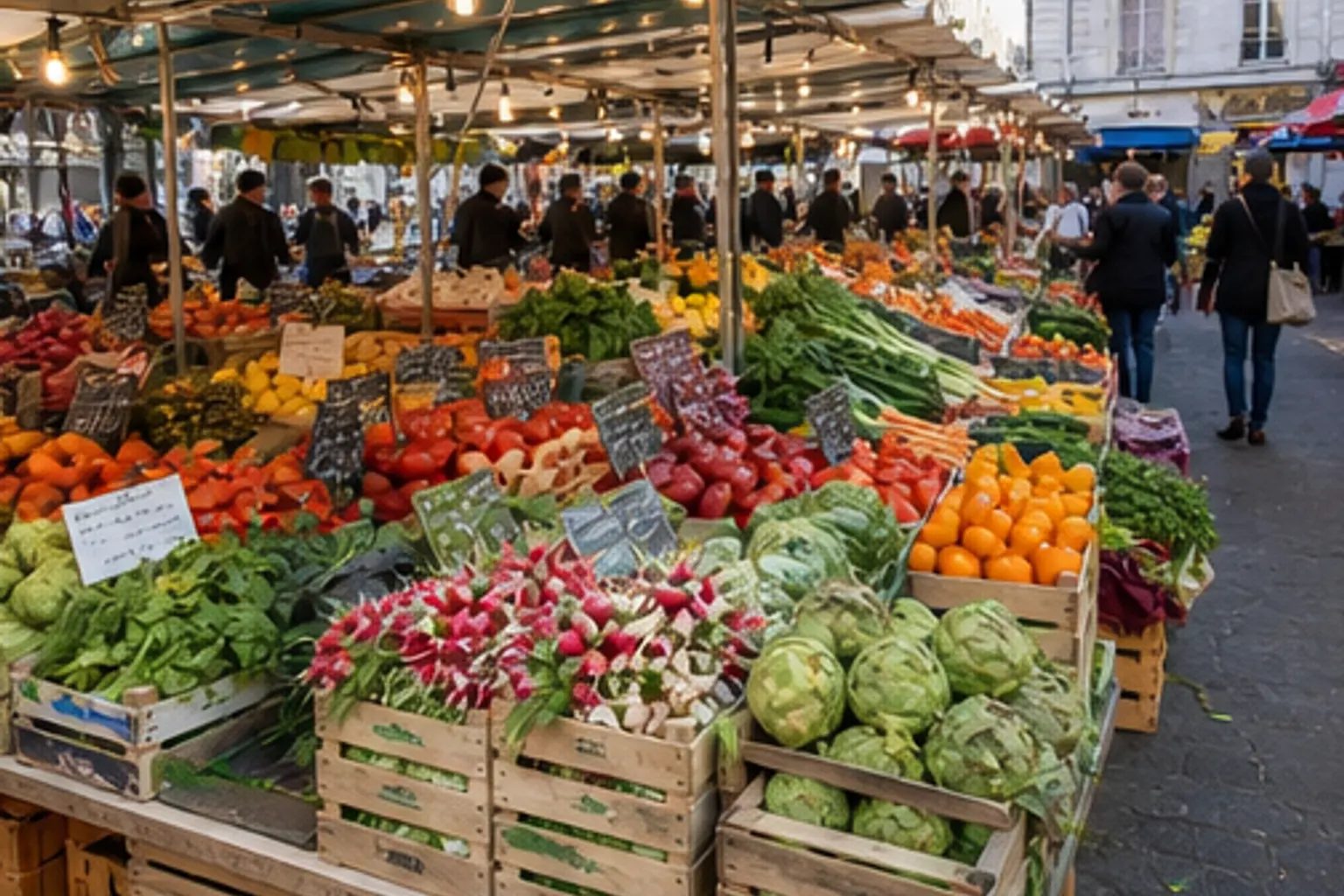 Illustration éditoriale : Étals de fruits et légumes au marché d’Aligre