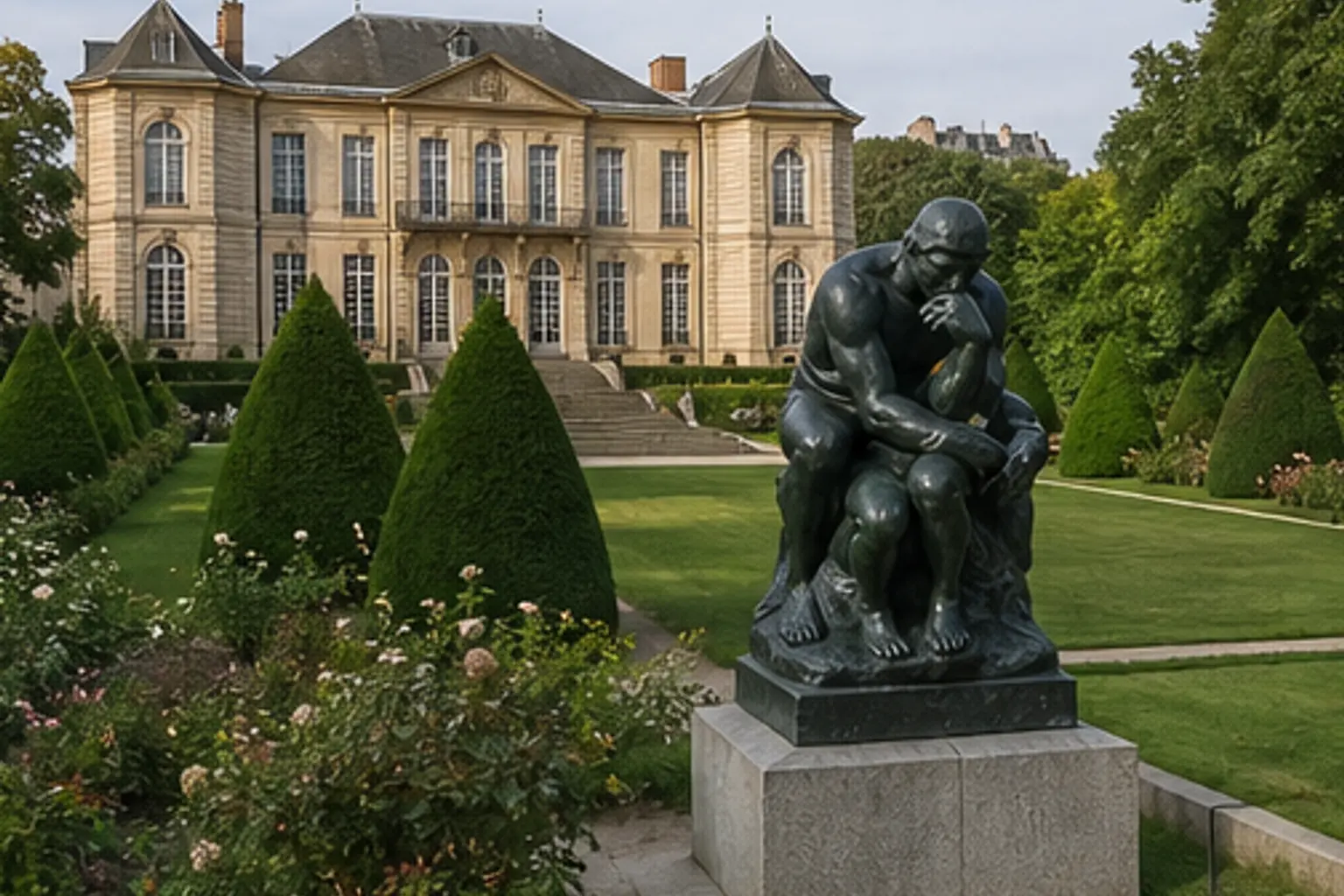 Illustration éditoriale : Jardin du musée Rodin avec sculpture et hôtel Biron