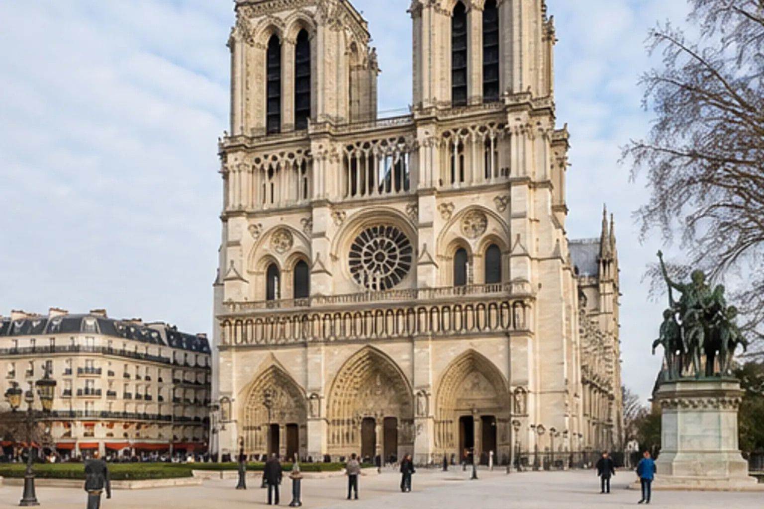 Illustration éditoriale : Façade de Notre-Dame de Paris vue depuis le parvis