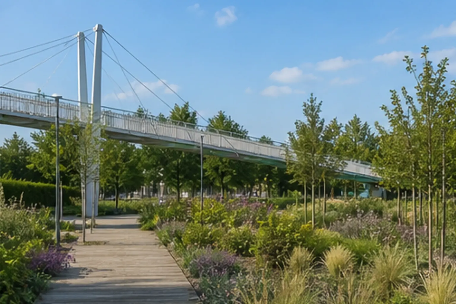 Illustration éditoriale : Jardins et passerelle du parc de Bercy