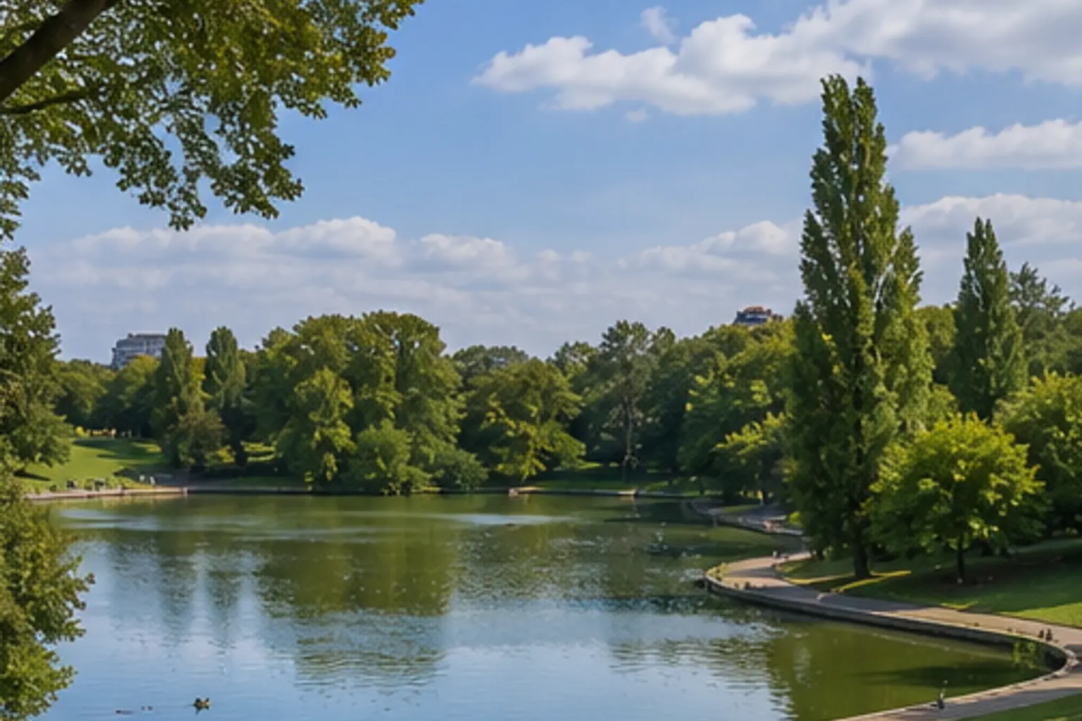 Illustration éditoriale : Lac et arbres du parc Montsouris