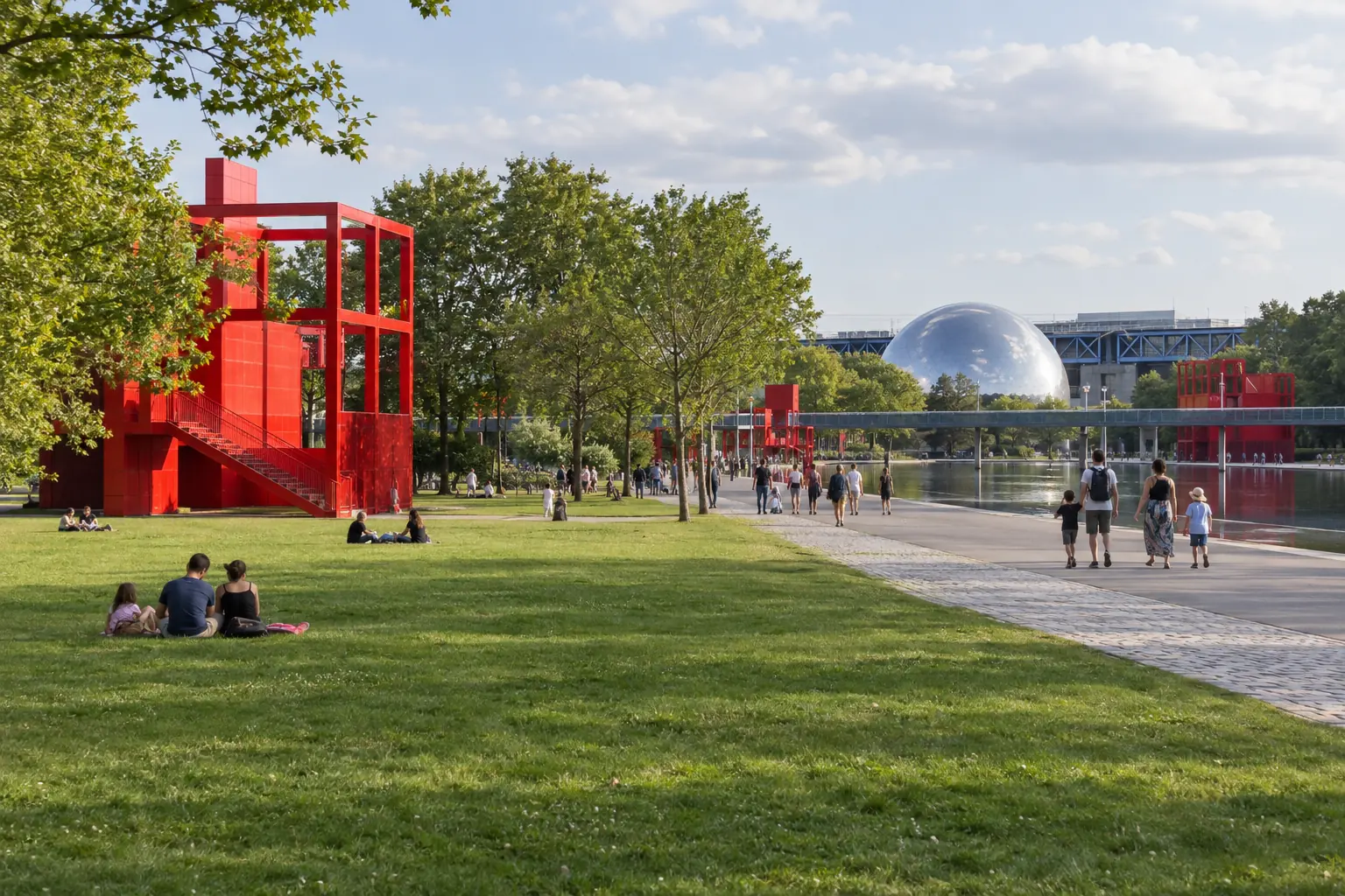 Illustration éditoriale : Pelouse et folies rouges dans le parc de la Villette