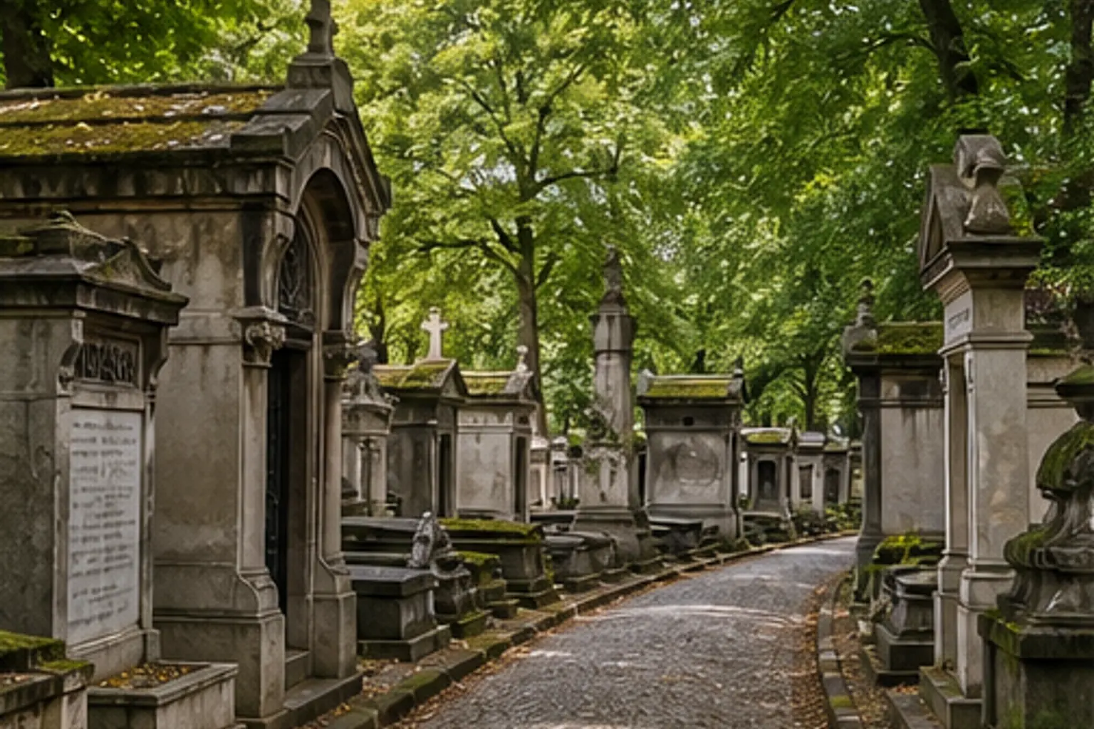 Illustration éditoriale : Allée arborée et monuments funéraires du Père-Lachaise